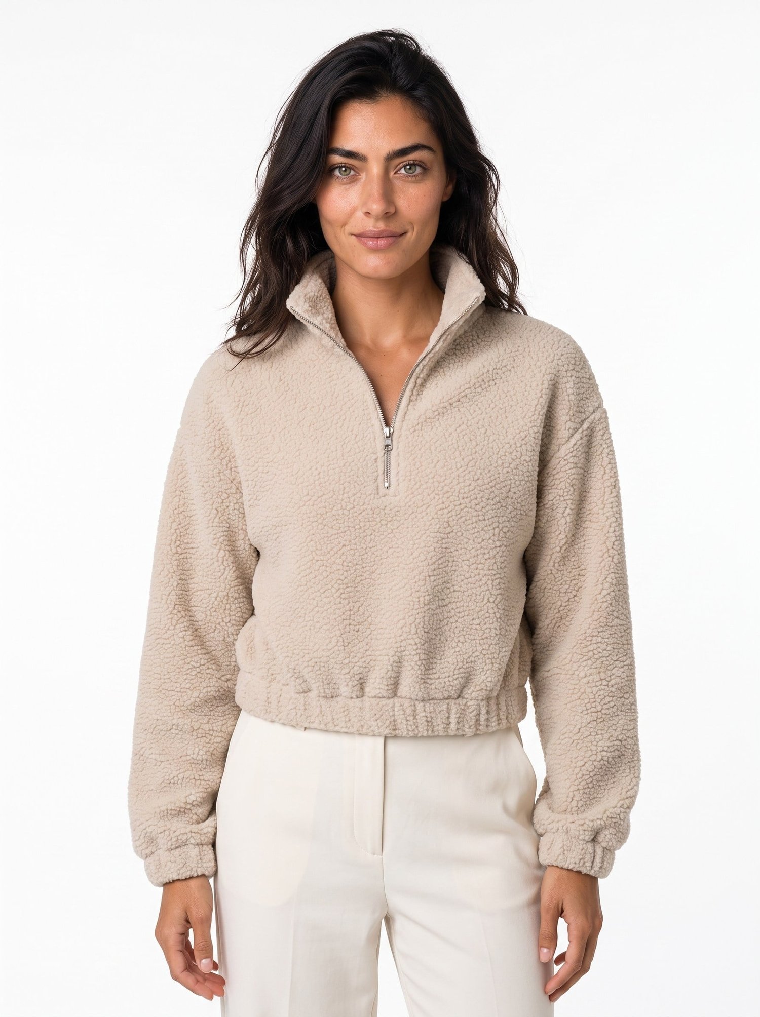 Bej Yarım Fermuarlı Sweatshirt