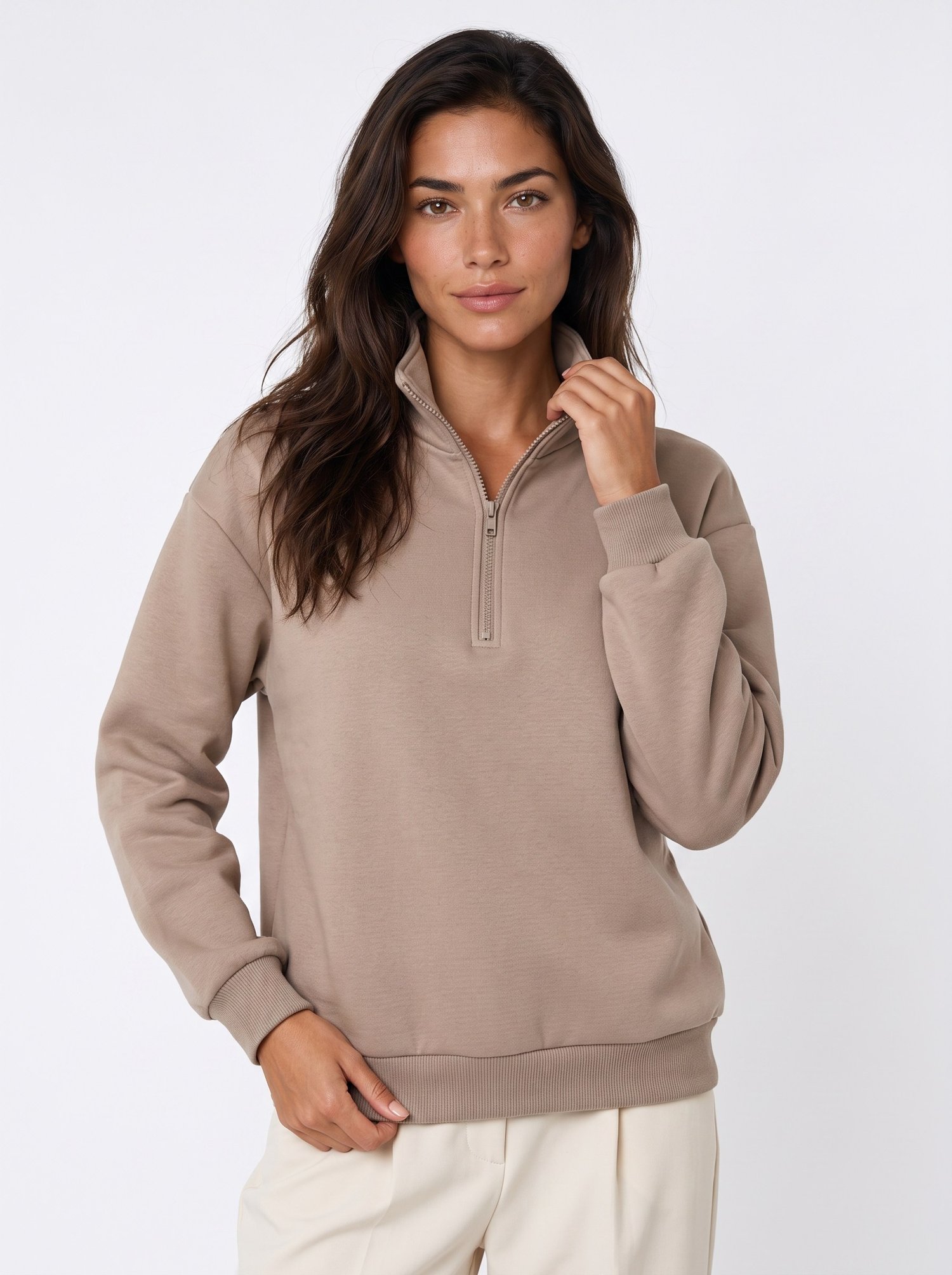 Bej Yarım Fermuarlı Sweatshirt