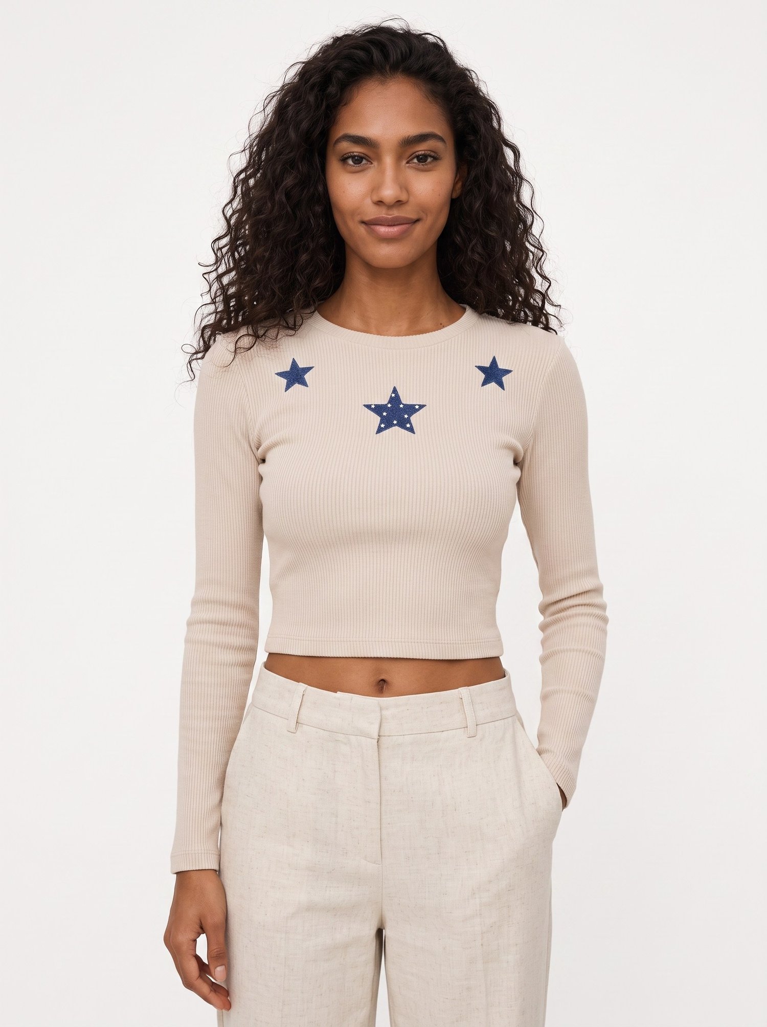 Bej Yıldız Nakışlı Crop Bluz