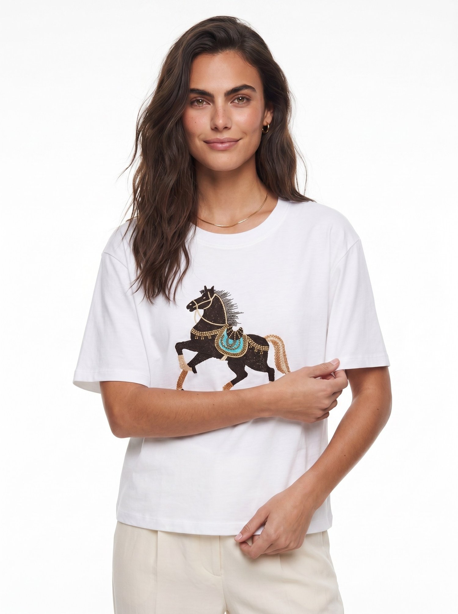Beyaz At Nakışlı Oversize Tişört
