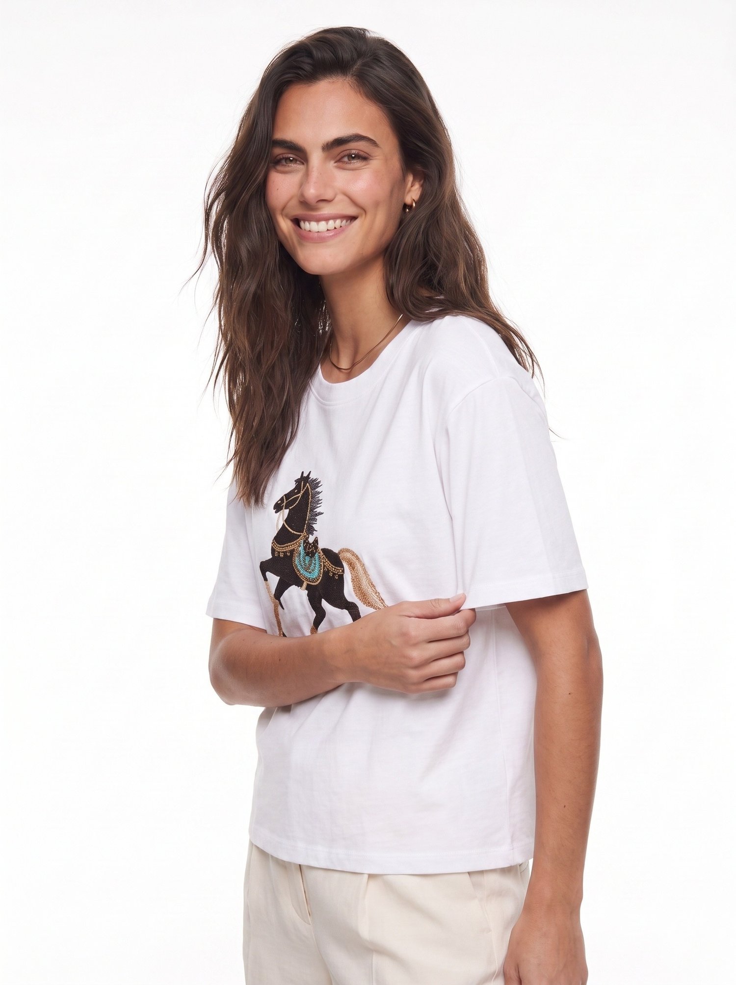 Beyaz At Nakışlı Oversize Tişört