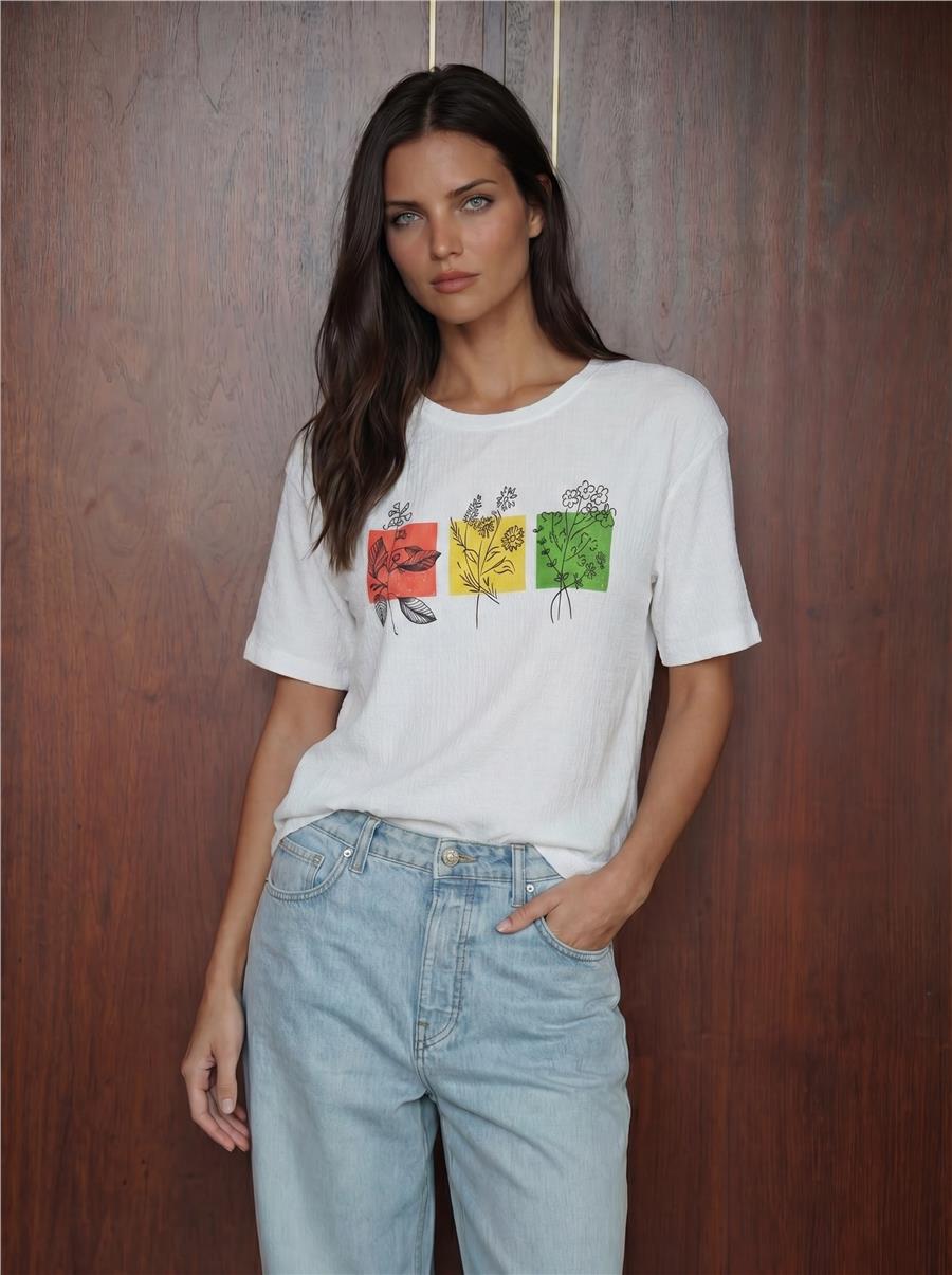 Beyaz Baskılı Örme Basic TSHIRT