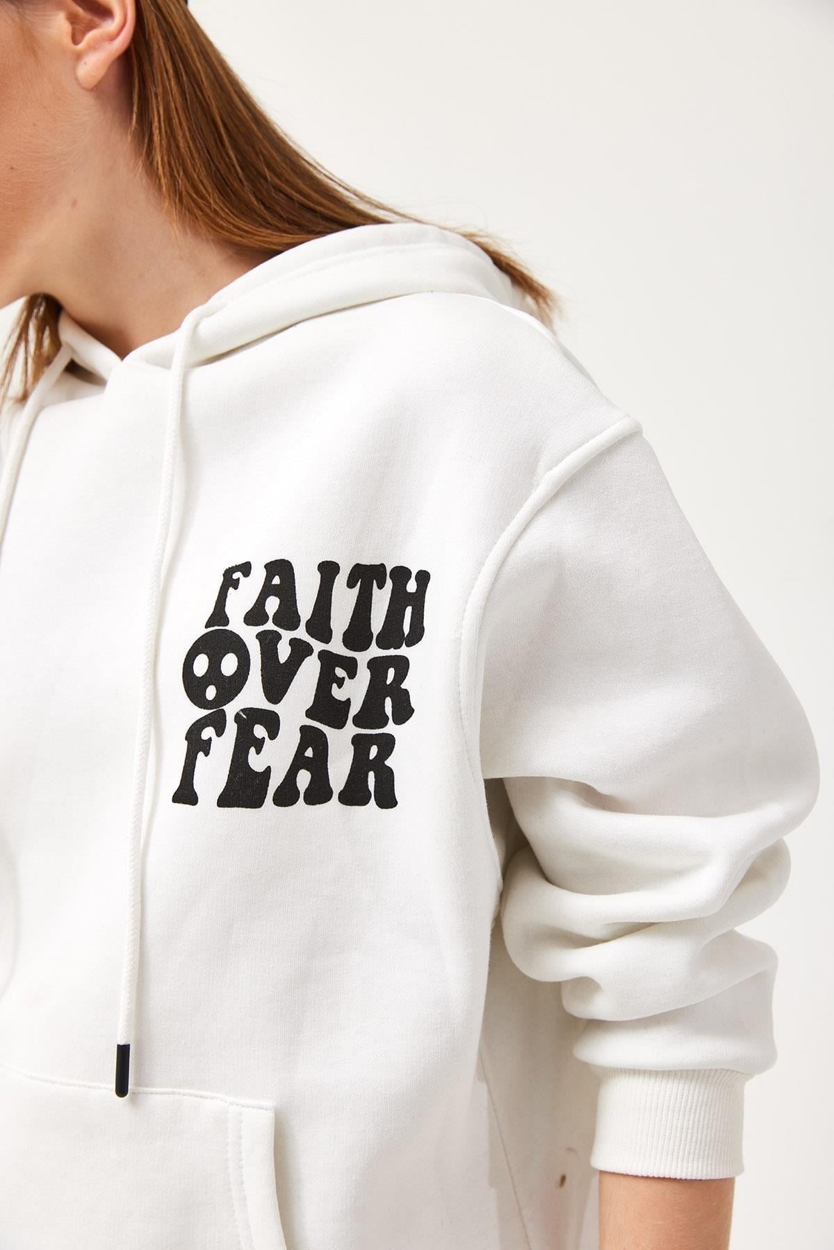 Beyaz Baskılı Oversize Kapüşonlu Sweatshirt