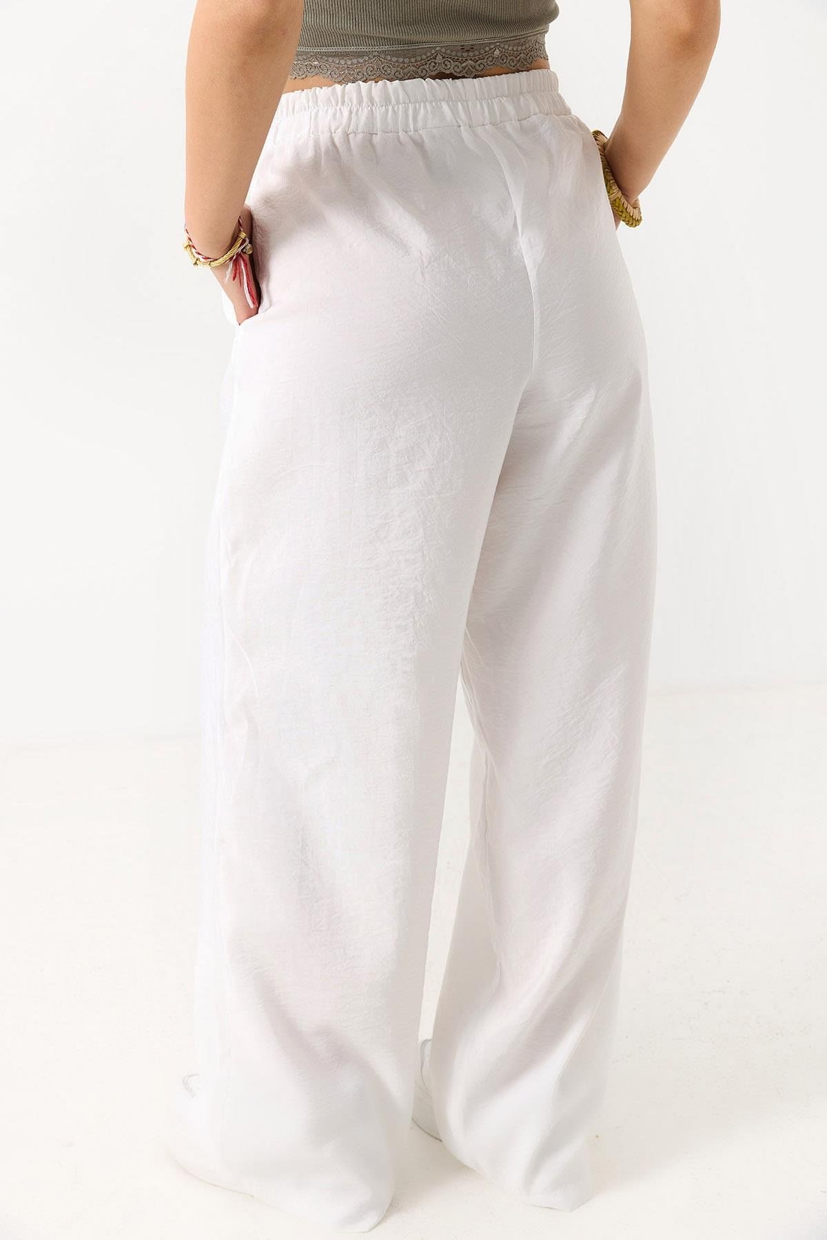 Beyaz Beli Lastikli Tensel Pantolon