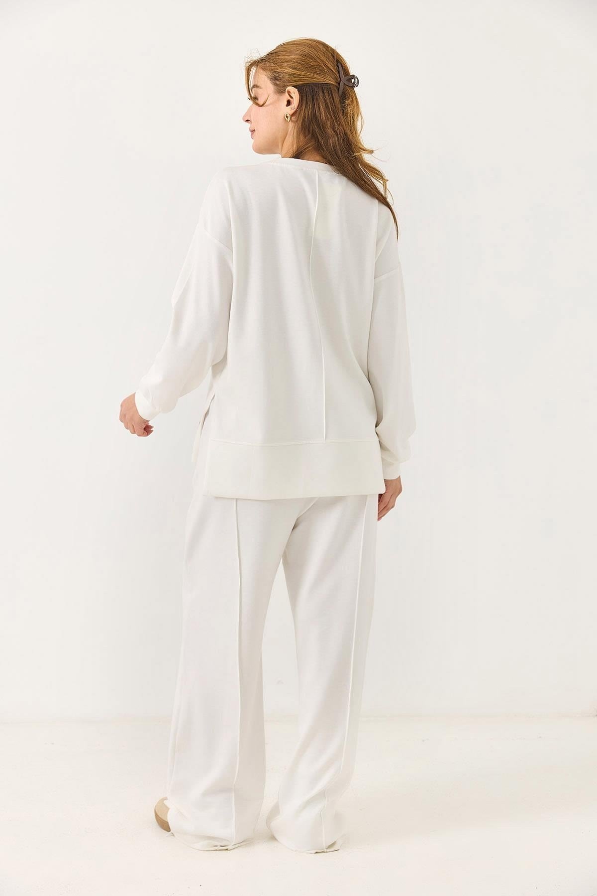 Beyaz Çımalı Oversize Pantolon
