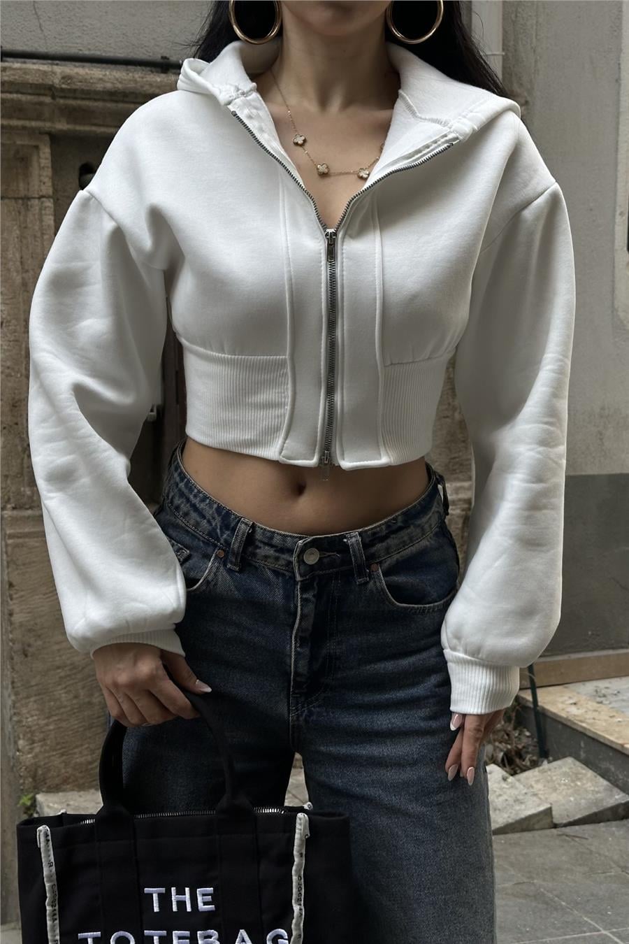 Beyaz Fermuarlı Crop Sweatshirt
