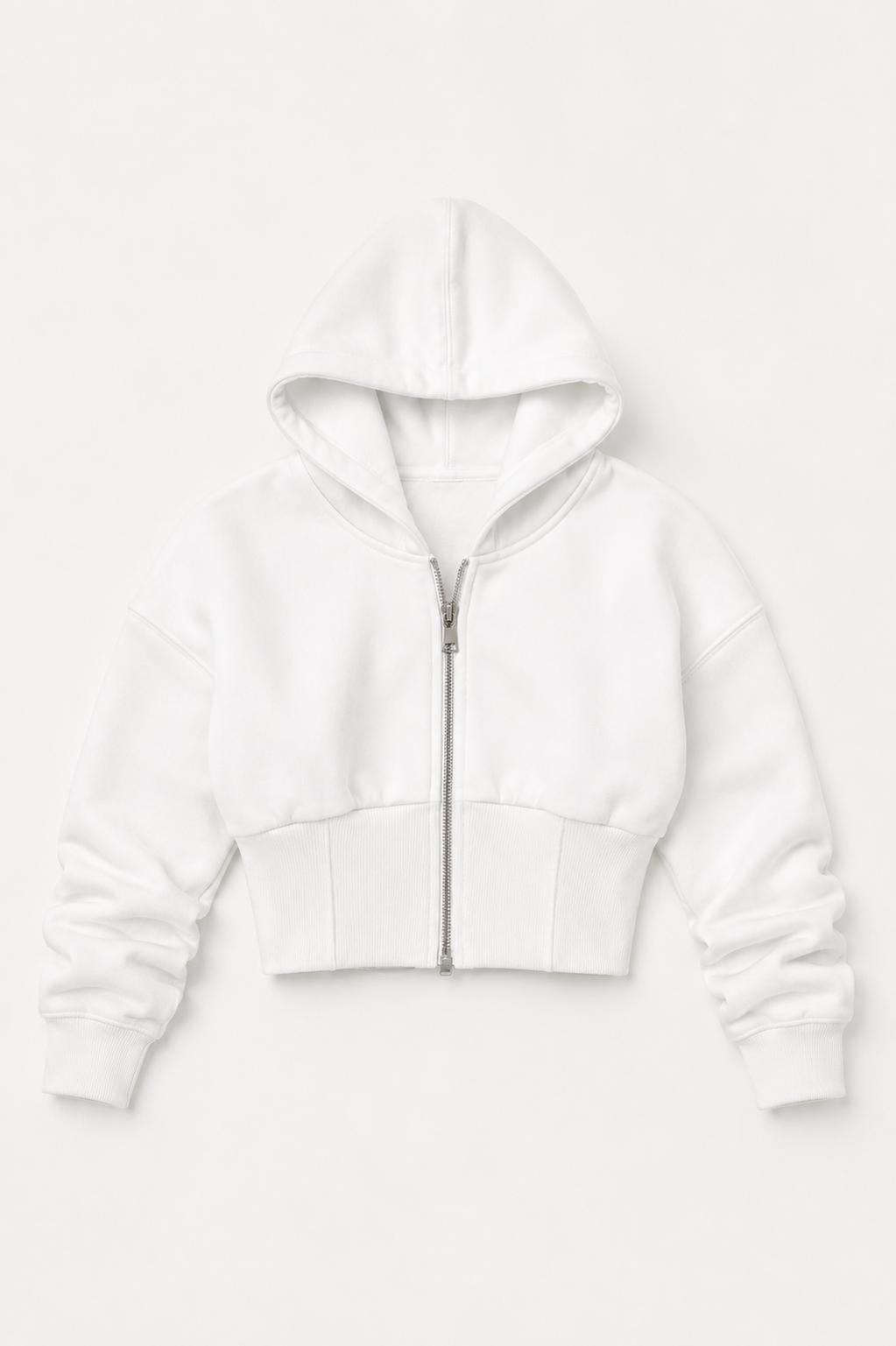 Beyaz Fermuarlı Crop Sweatshirt