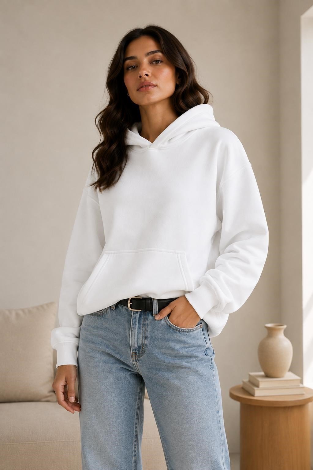 Beyaz Kapüşonlu Kanguru Cepli Sweatshirt