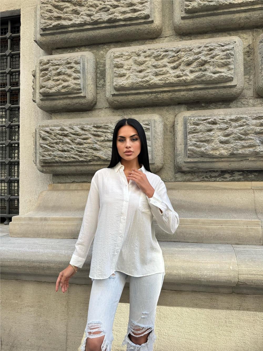 Beyaz Oversize Kırışık %100 Polyester Gömlek