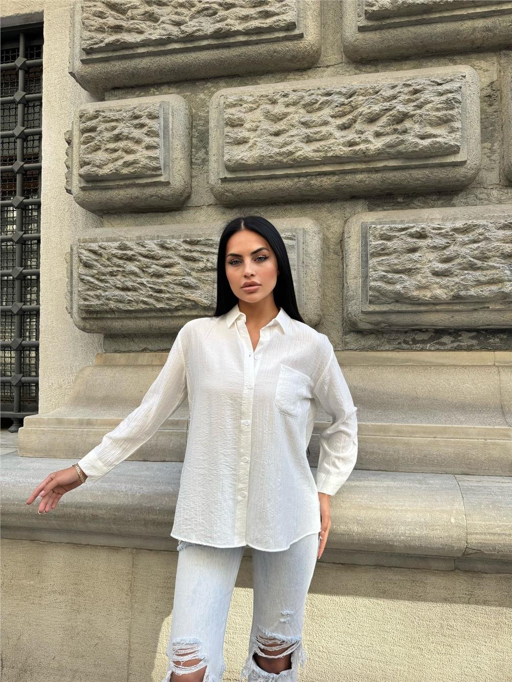 Beyaz Oversize Kırışık %100 Polyester Gömlek