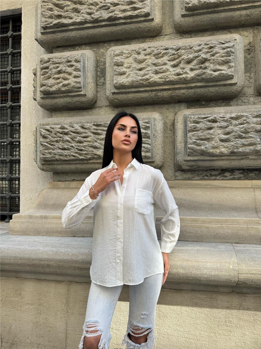 Beyaz Oversize Kırışık %100 Polyester Gömlek