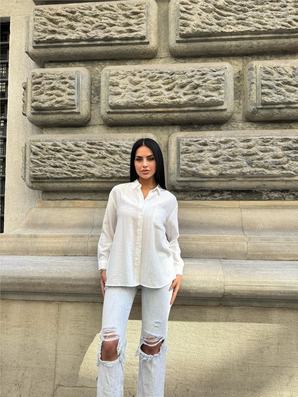Beyaz Oversize Kırışık %100 Polyester Gömlek
