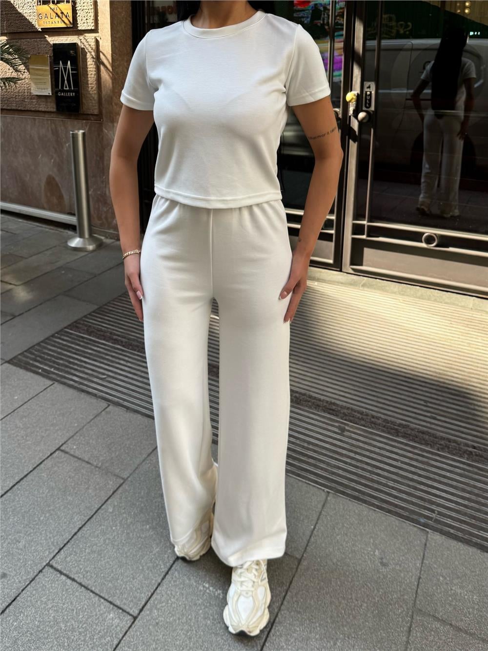 Beyaz Palazzo Modal Polyester Keten Takım