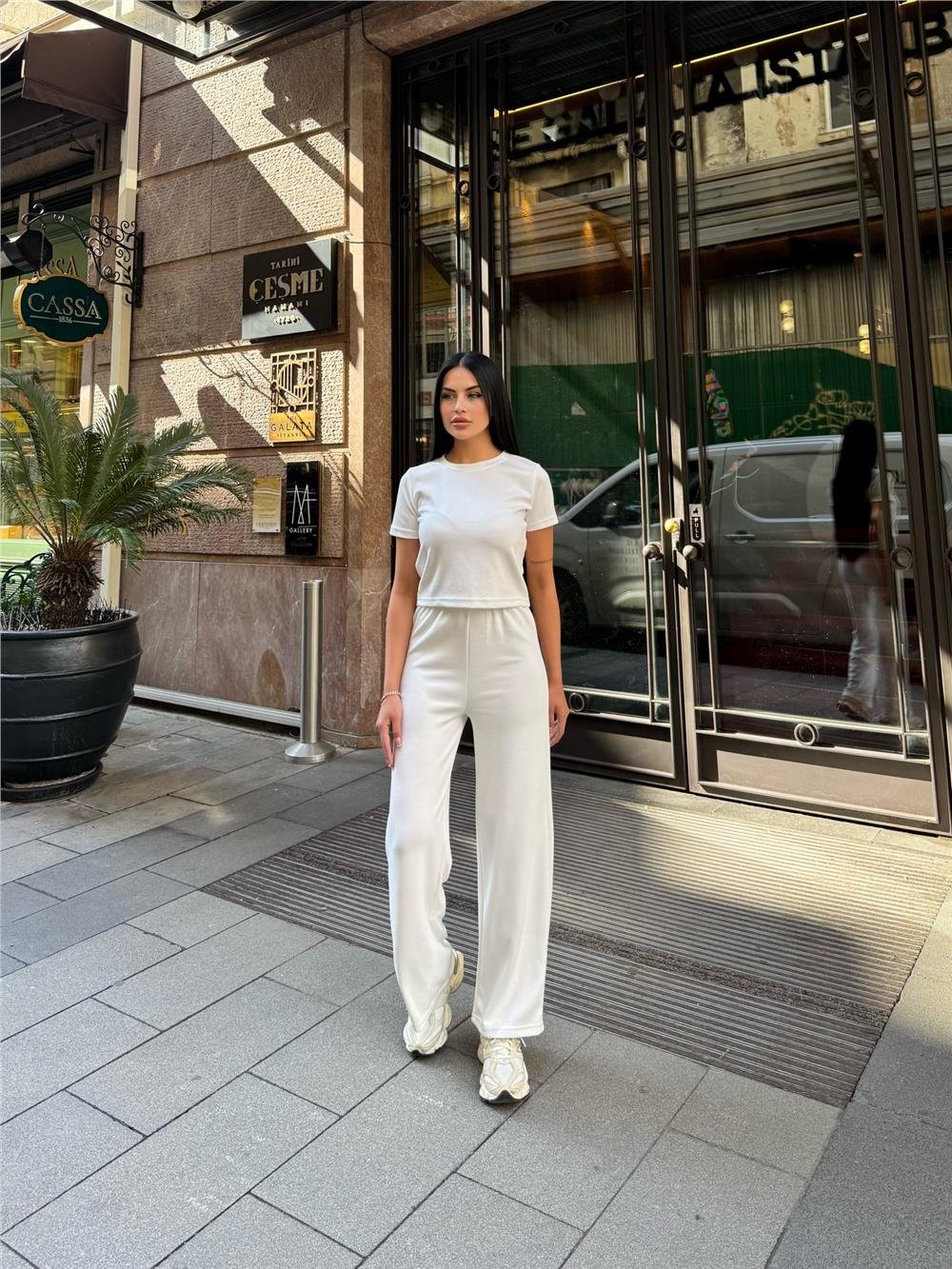 Beyaz Palazzo Modal Polyester Keten Takım