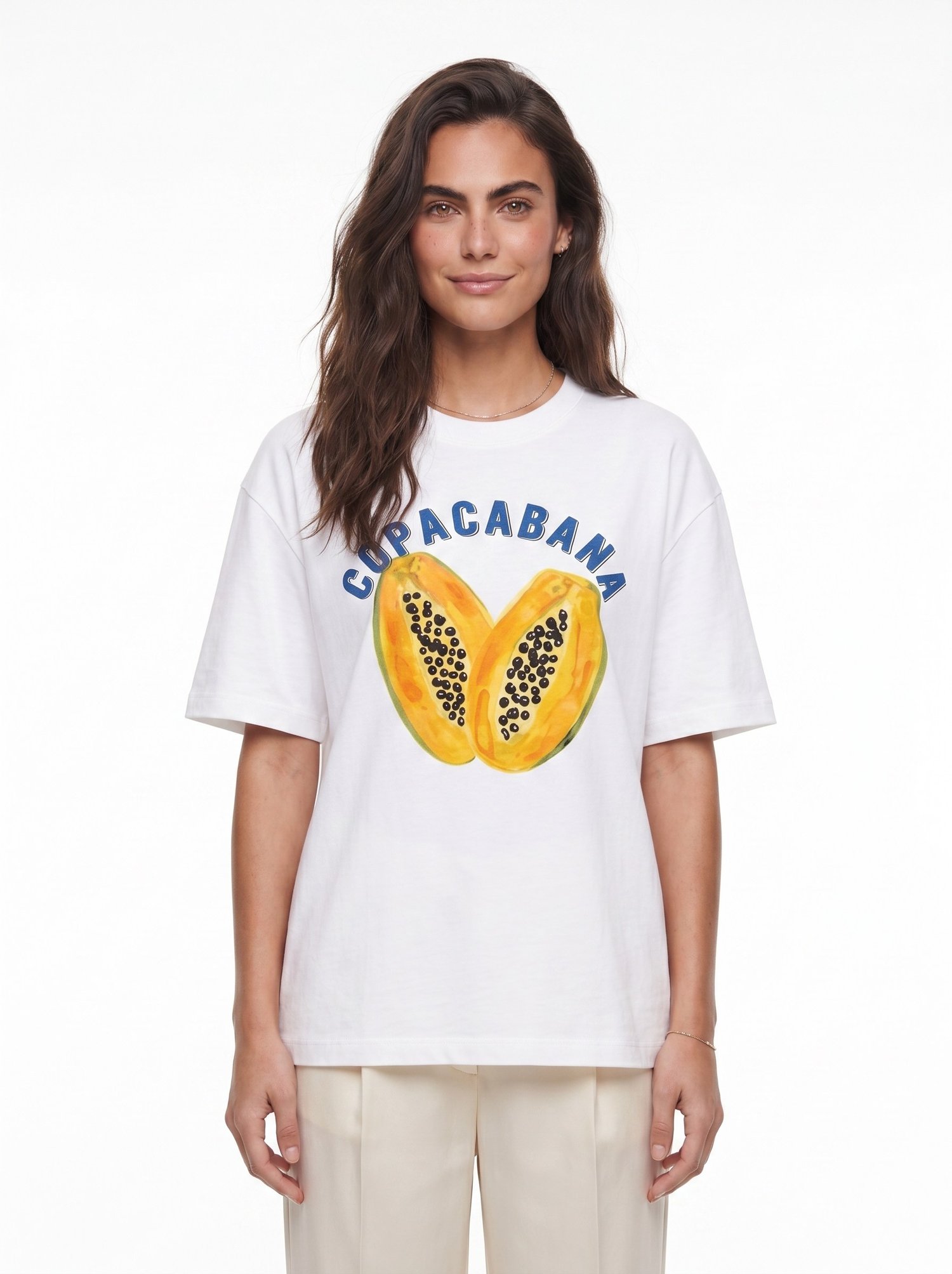 Beyaz Papaya Baskılı Oversize Tişört