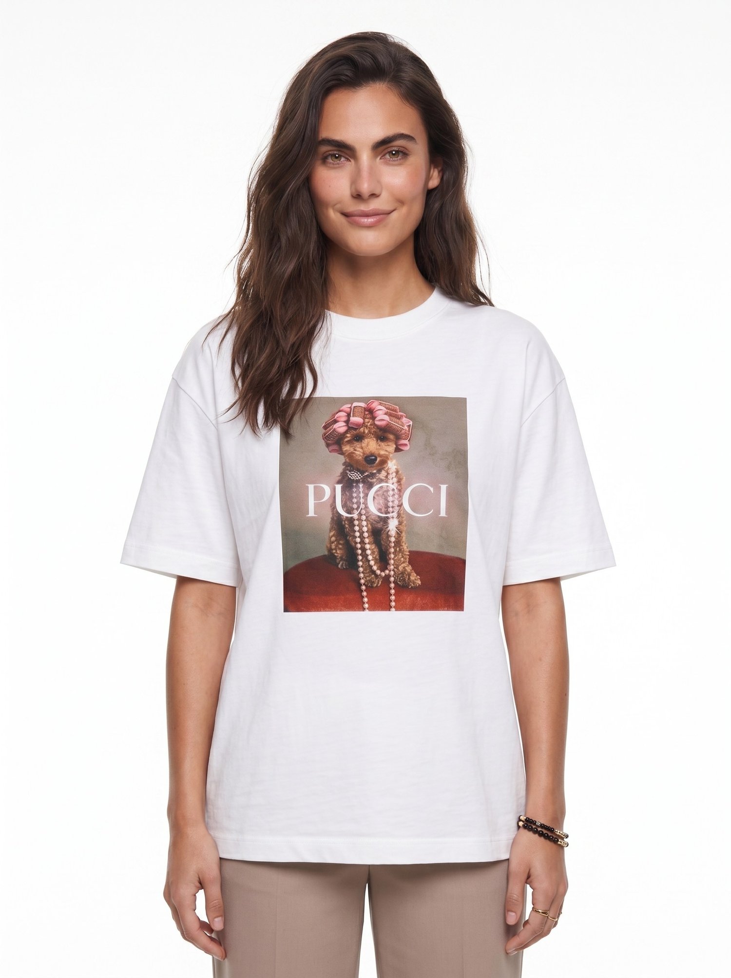 Beyaz Poodle Baskılı Oversize Tişört