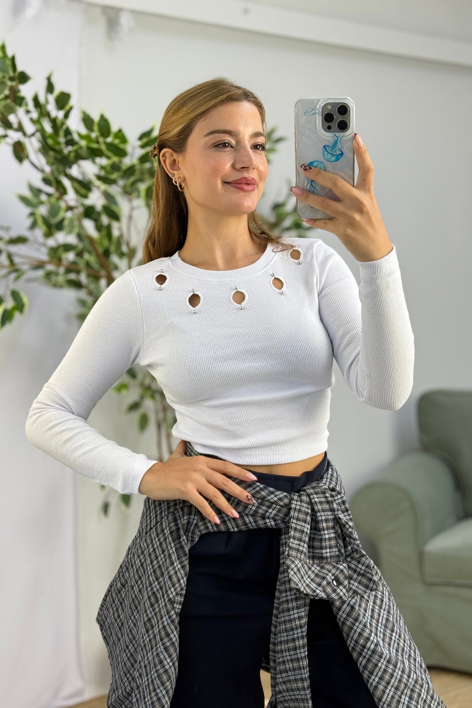 Beyaz Taşlı Kaşkorse Crop Bluz