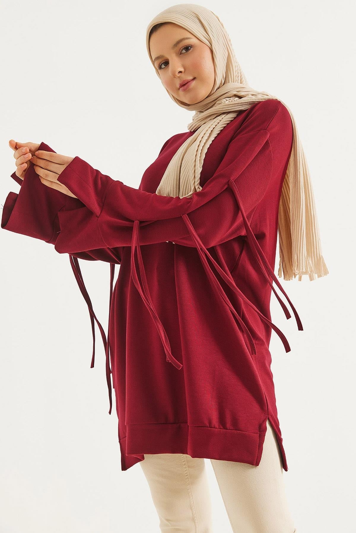 Bordo Bağcık Detaylı Tunik
