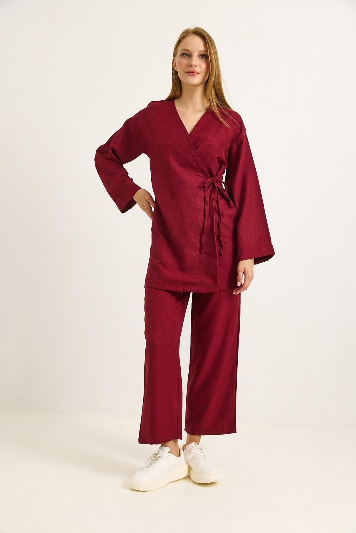 Bordo Bağlamalı Kimono Takım