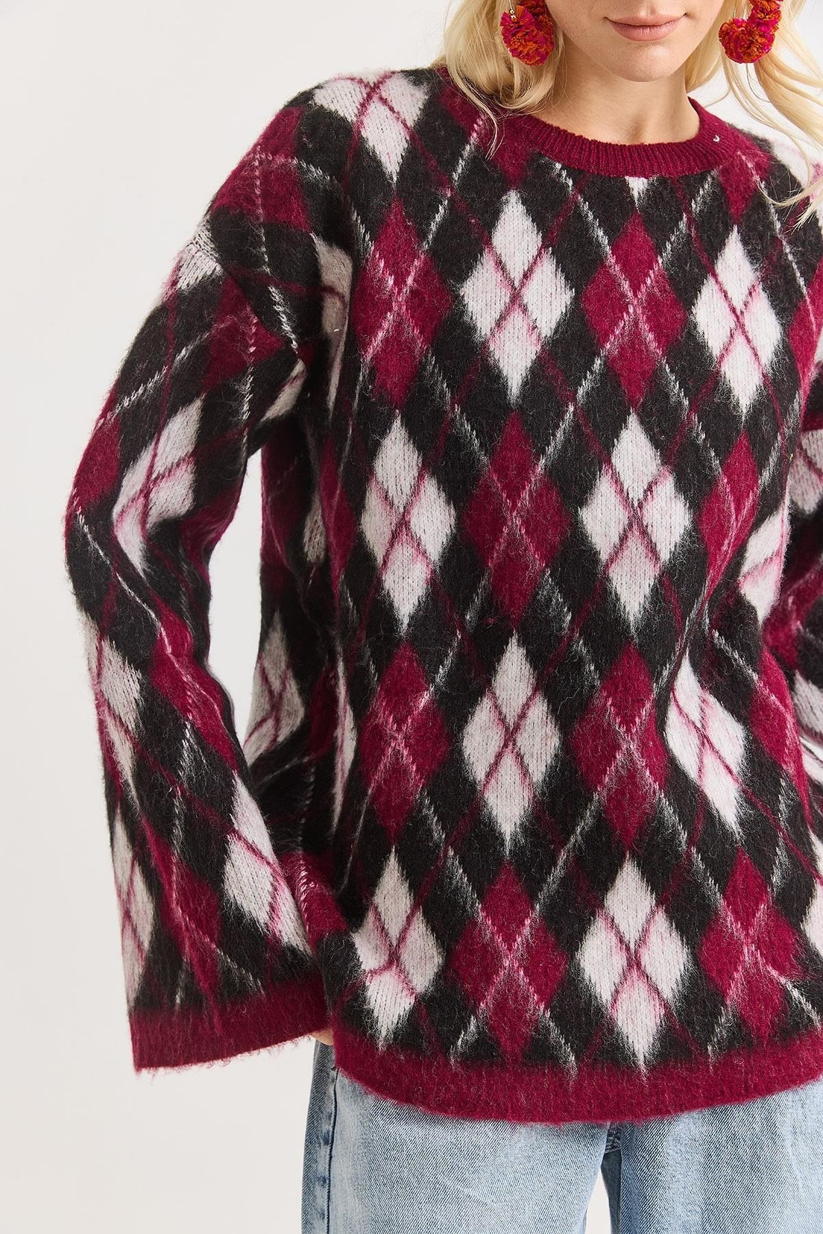 Bordo Baklava Desen Oversize Kazak