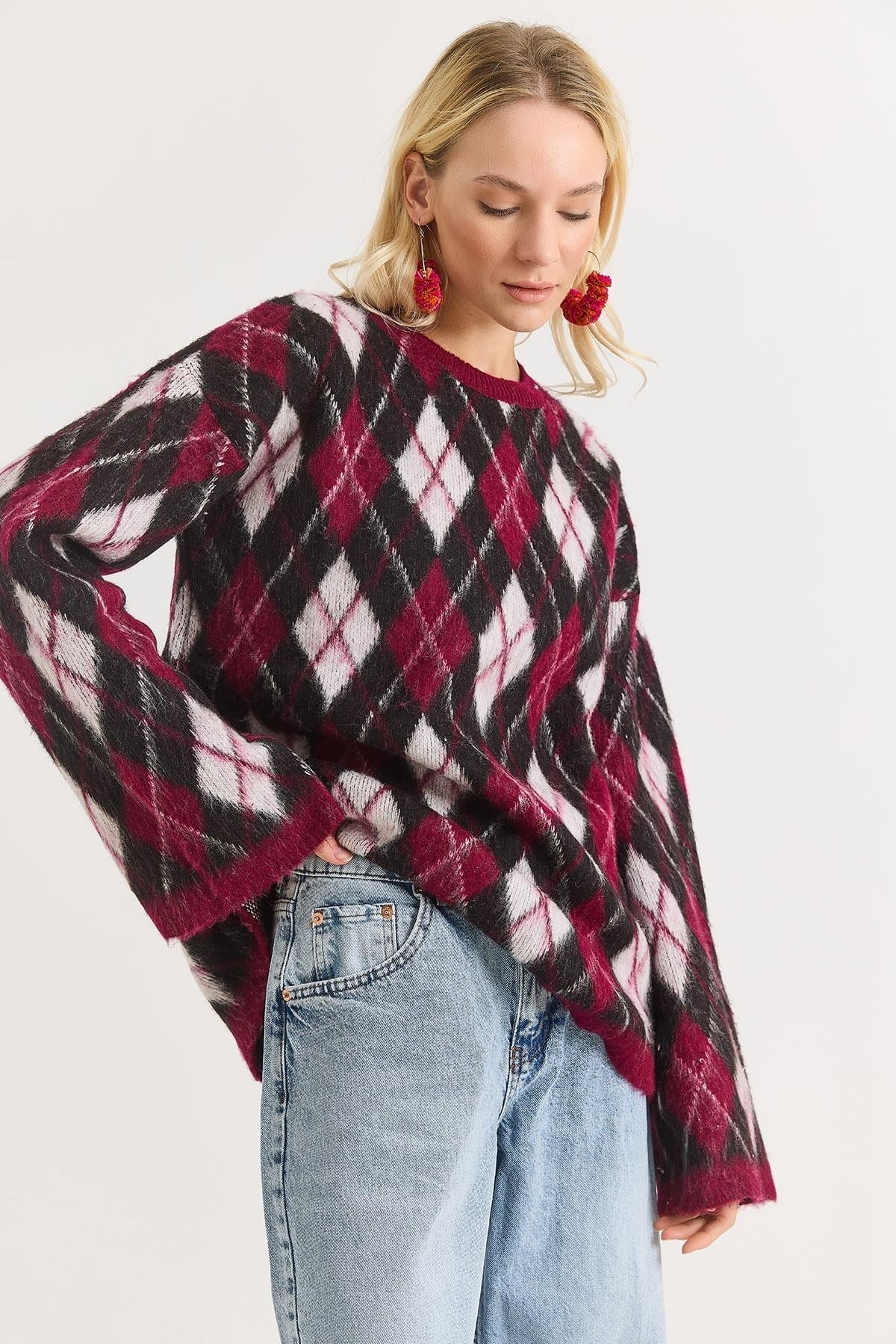 Bordo Baklava Desen Oversize Kazak