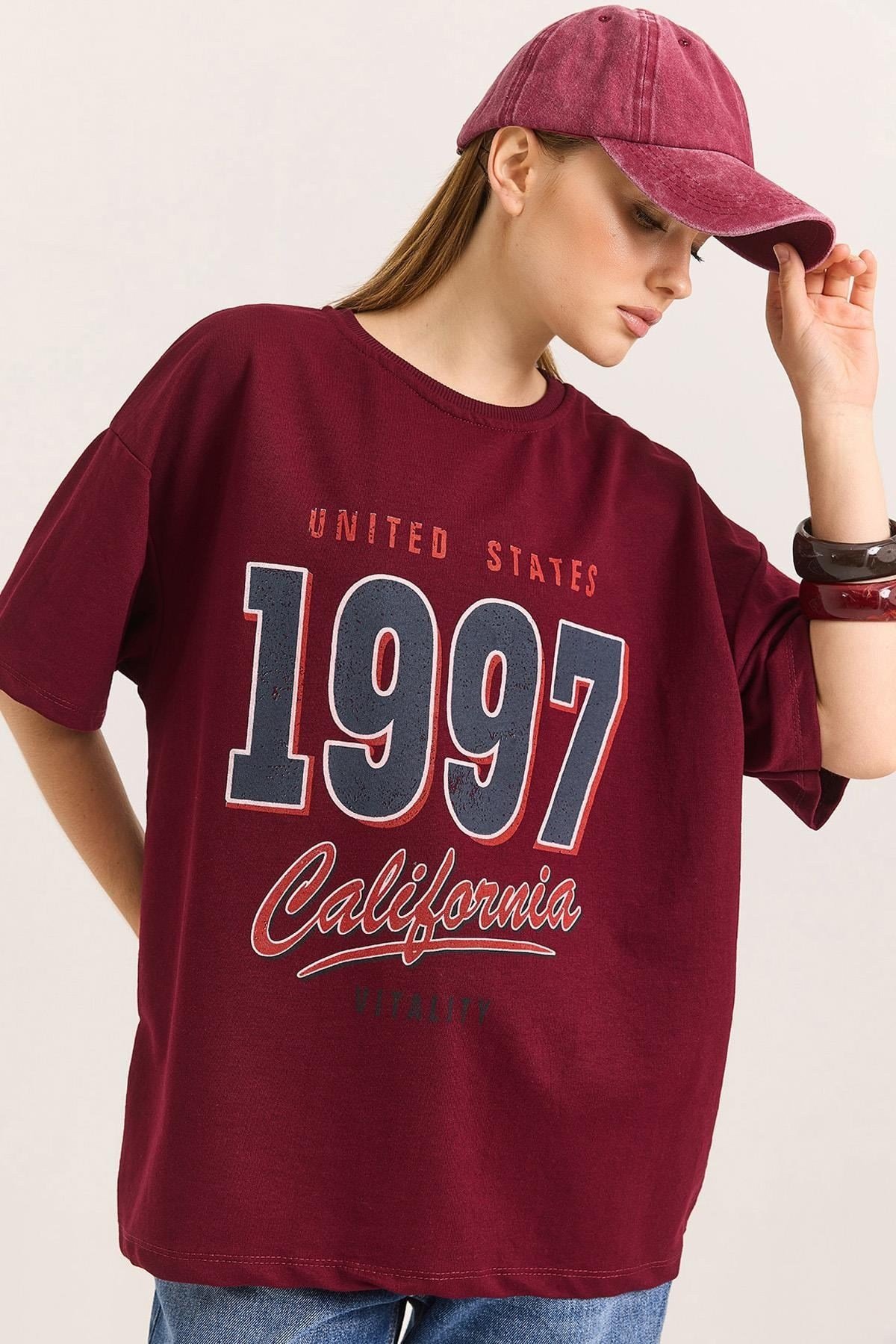 Bordo Baskılı Oversize Tişört