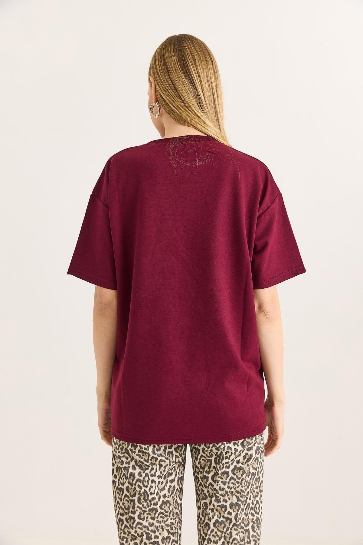 Bordo Baskılı Oversize Tişört