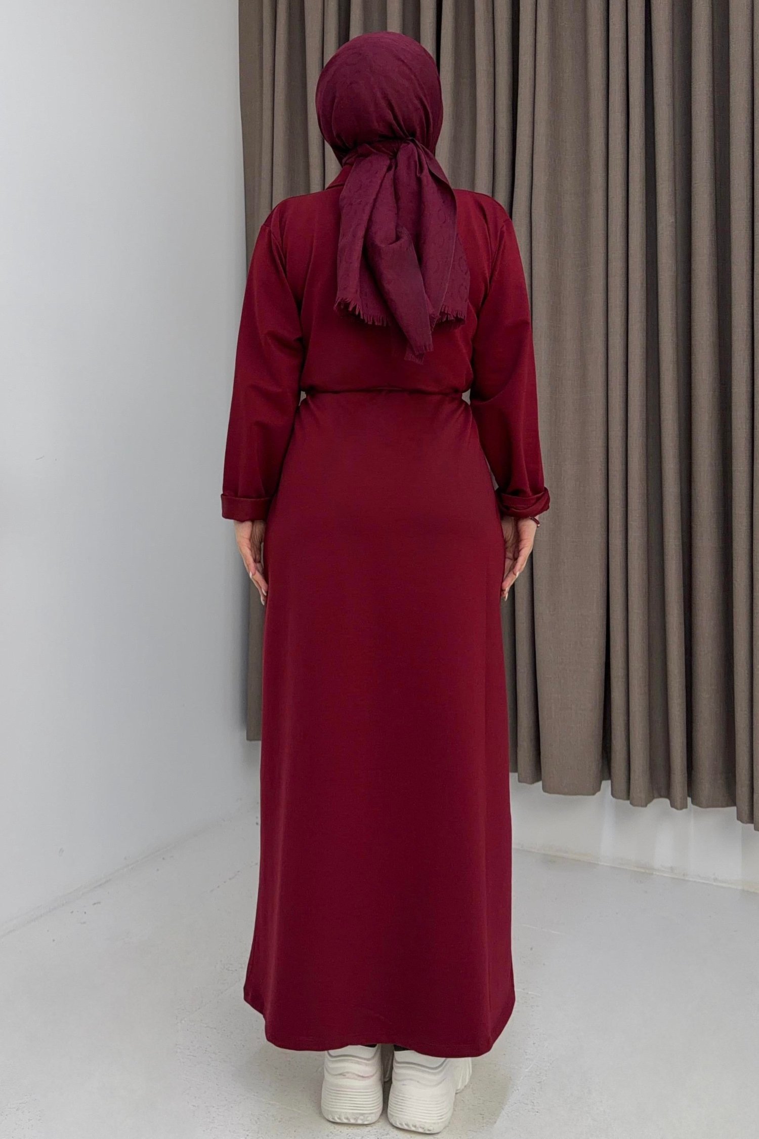 Bordo Beli Bağlamalı Elbise