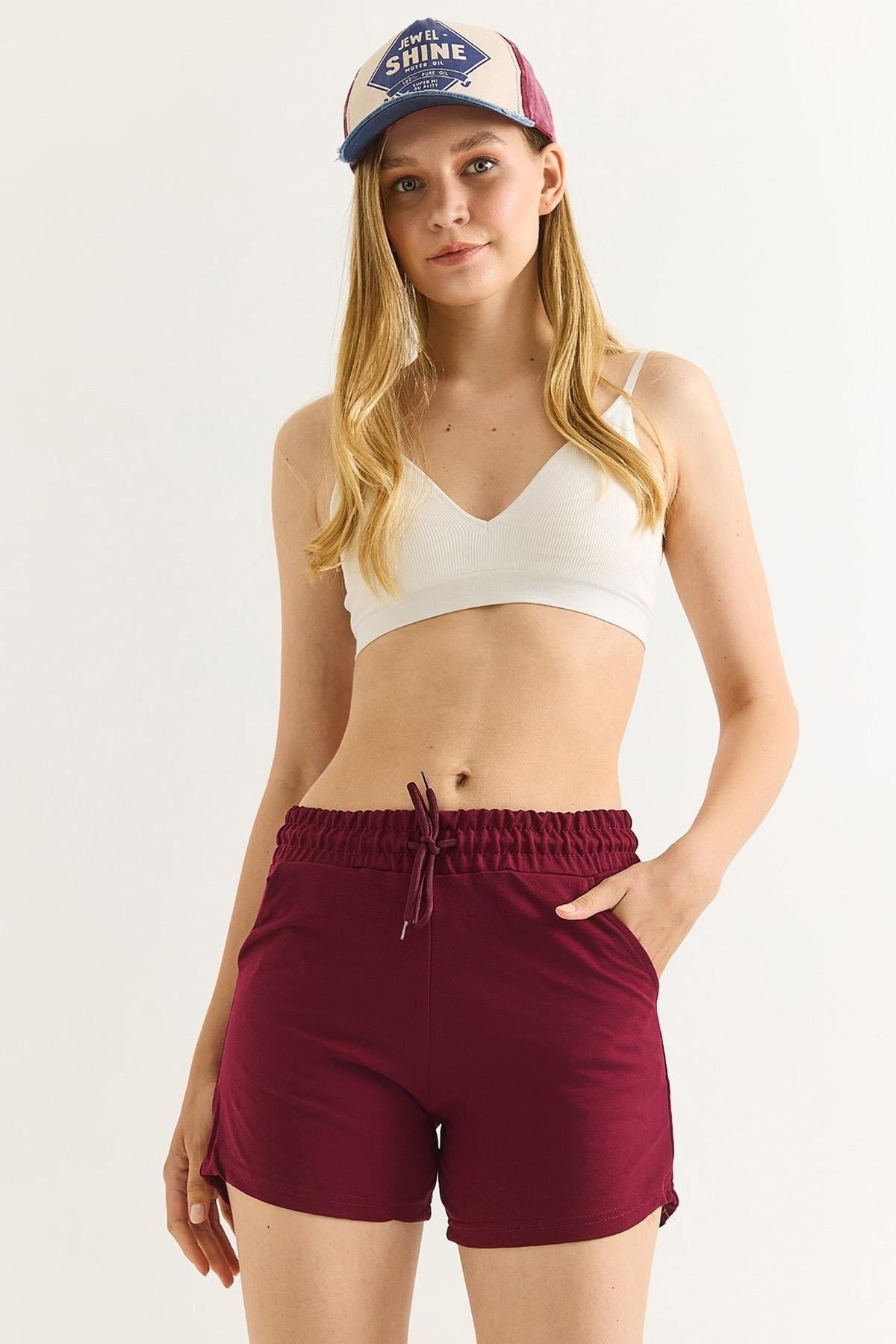 Bordo Beli Lastikli Fit Şort