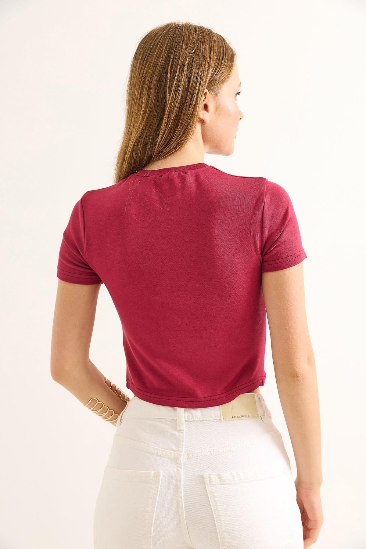 Bordo Bisiklet Yaka Crop Bluz