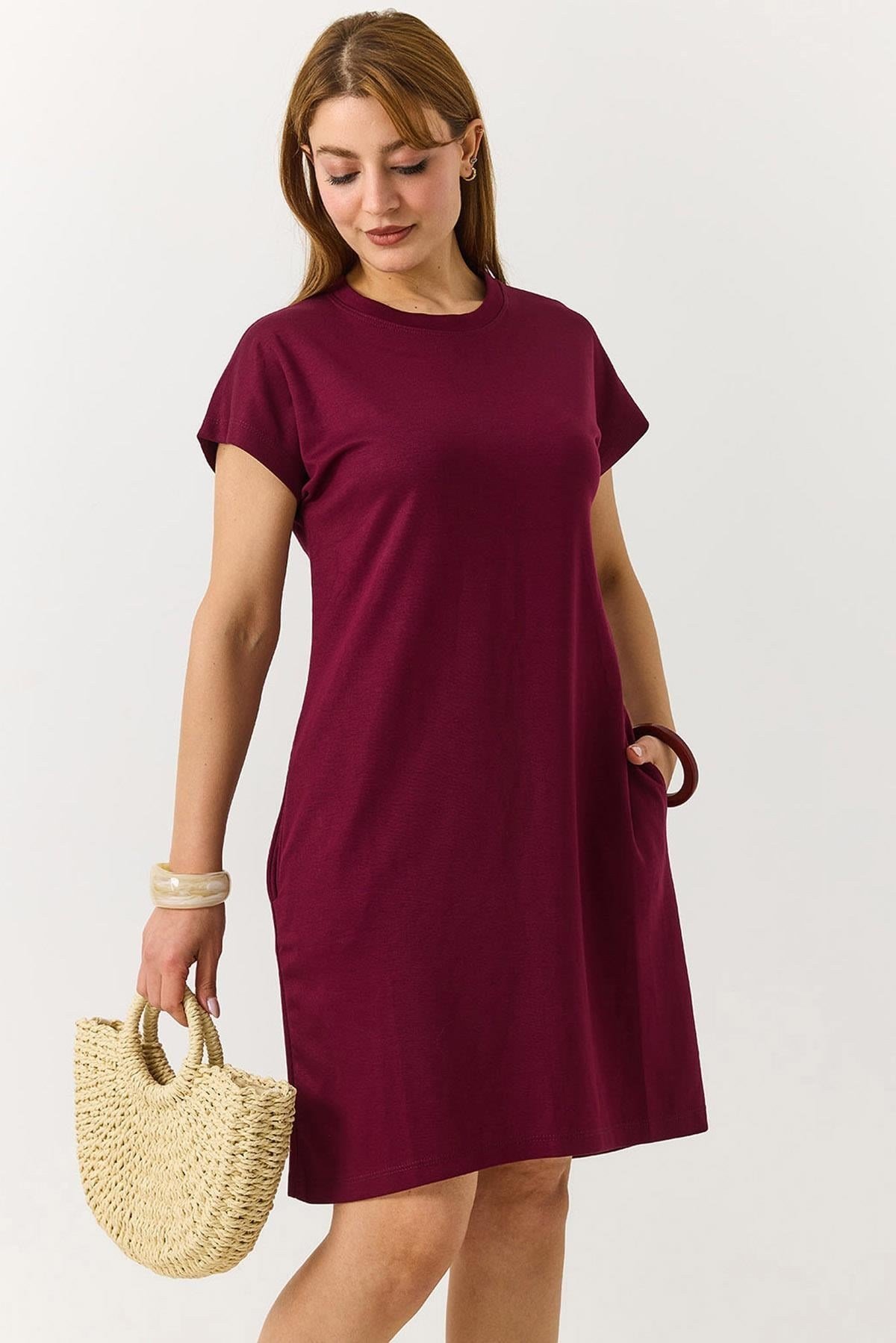Bordo Bisiklet Yaka Midi Elbise