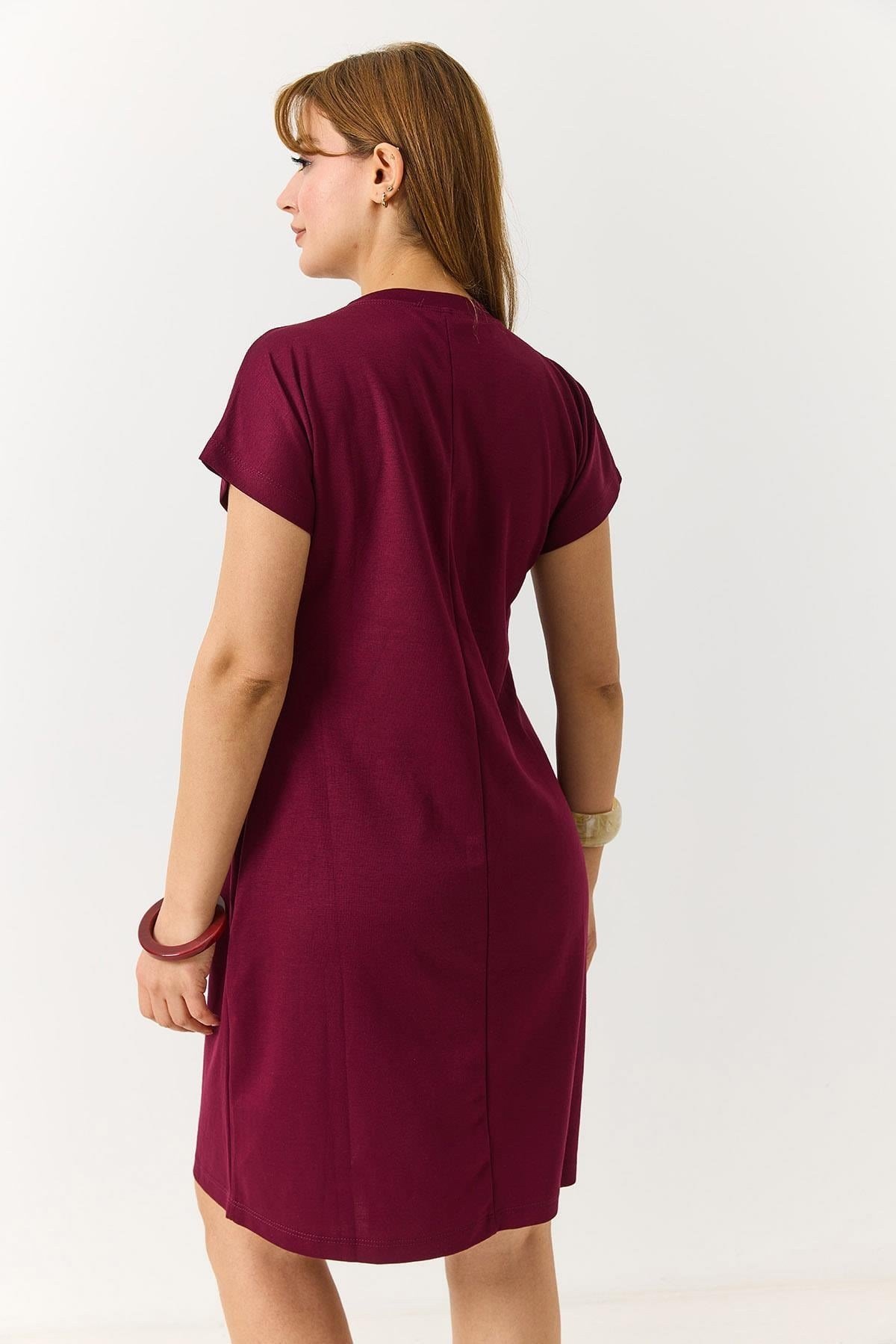 Bordo Bisiklet Yaka Midi Elbise