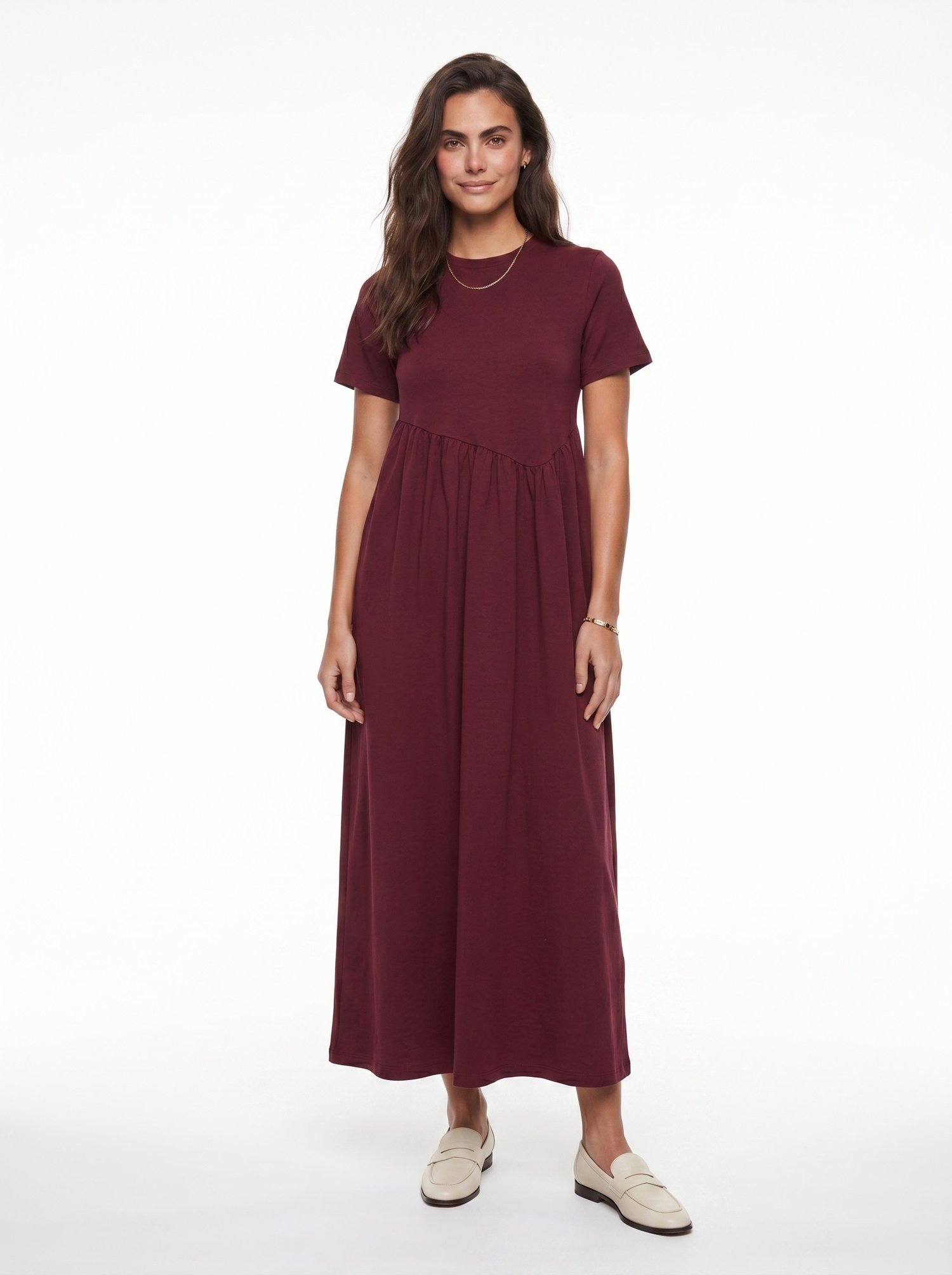 Bordo Büzgülü Pamuklu Örme Elbise