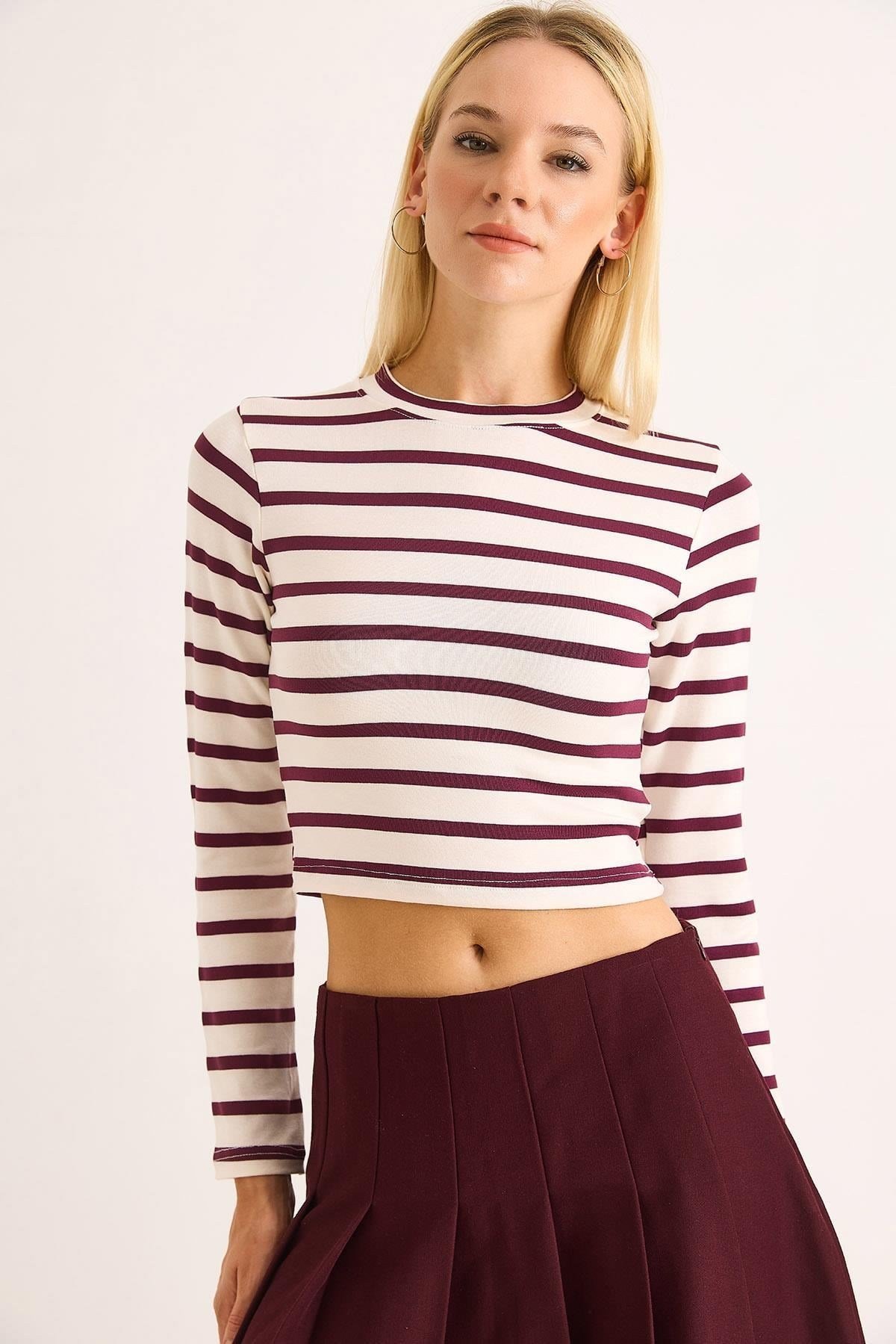 Bordo Çizgili Crop Bluz