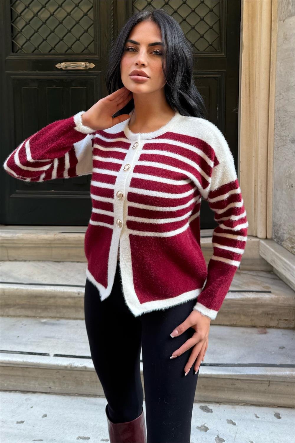 BORDO ÇİZGİLİ HIRKA
