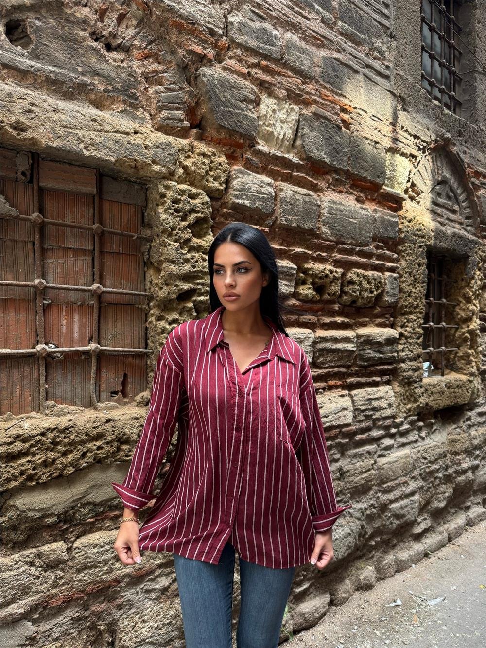 Bordo Çizgili Oversize Düğmeli Gömlek