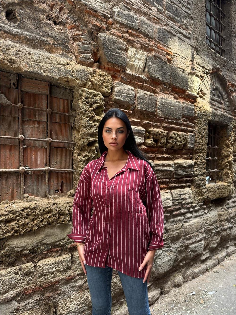 Bordo Çizgili Oversize Düğmeli Gömlek