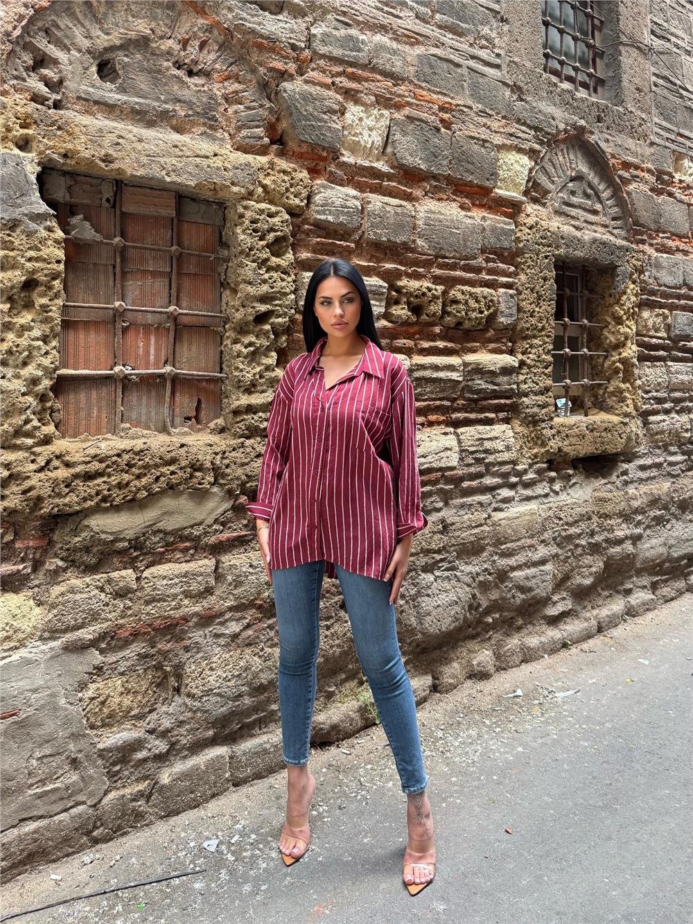 Bordo Çizgili Oversize Düğmeli Gömlek