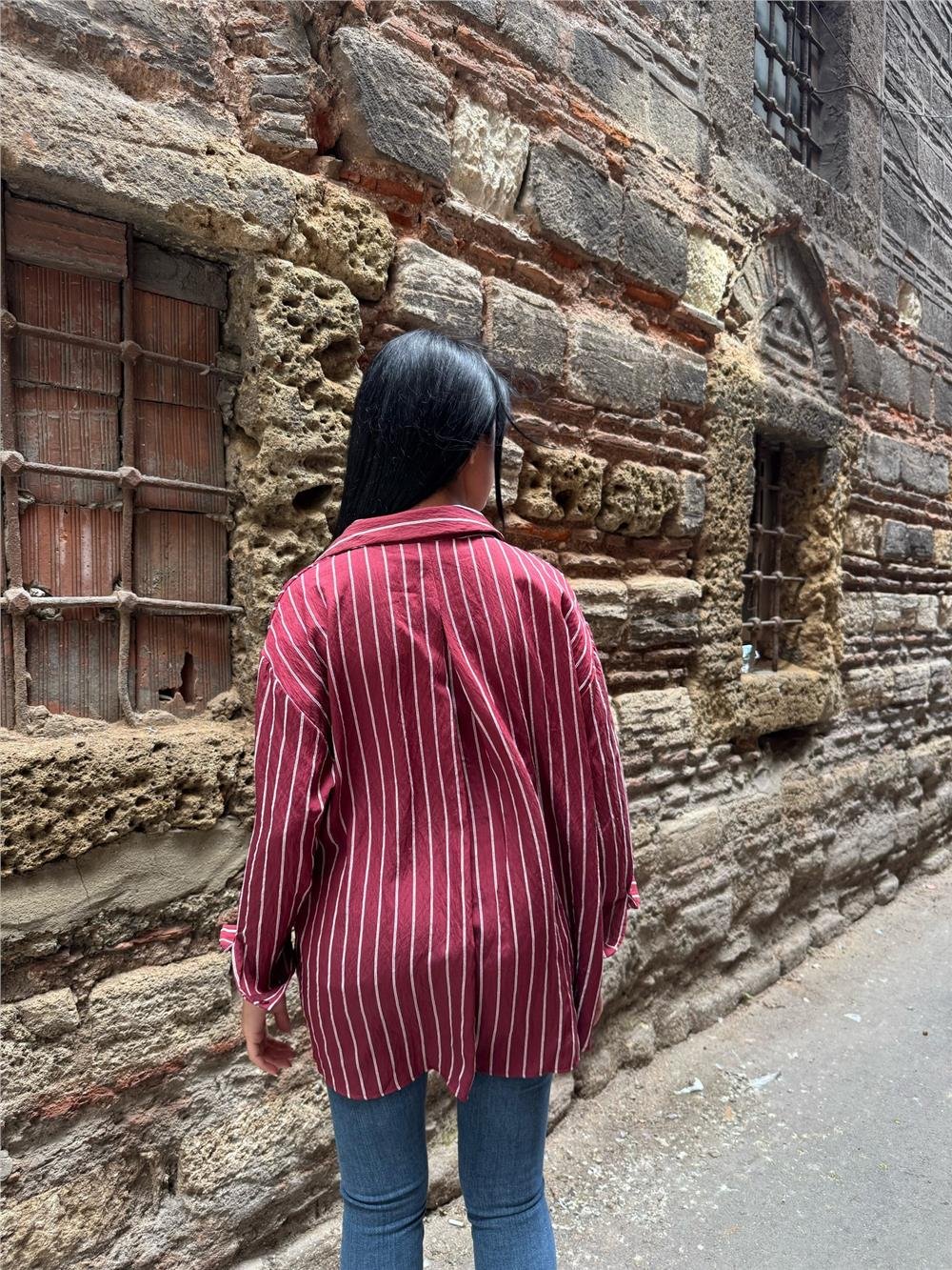 Bordo Çizgili Oversize Düğmeli Gömlek