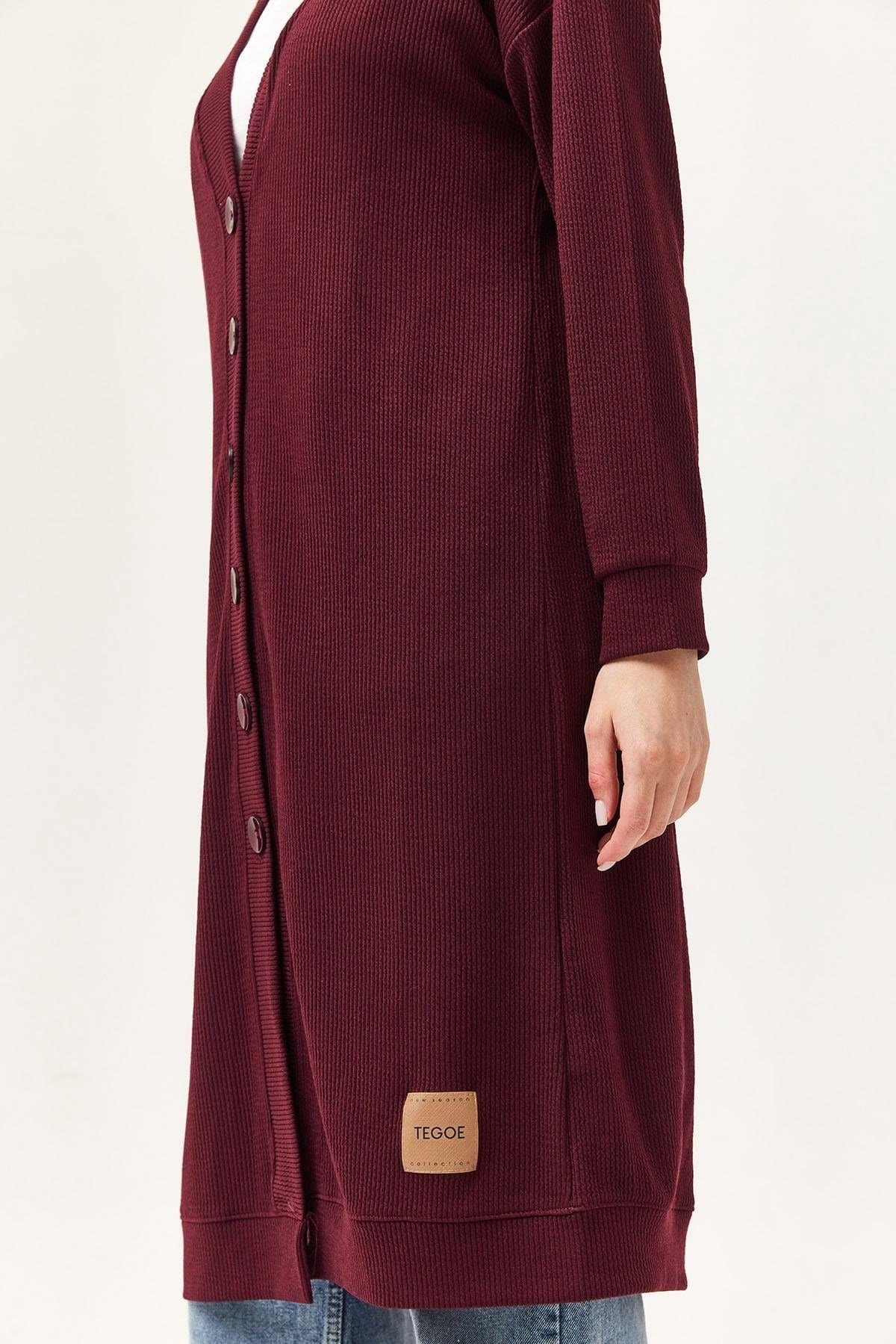 Bordo Düğmeli Uzun Triko Hırka