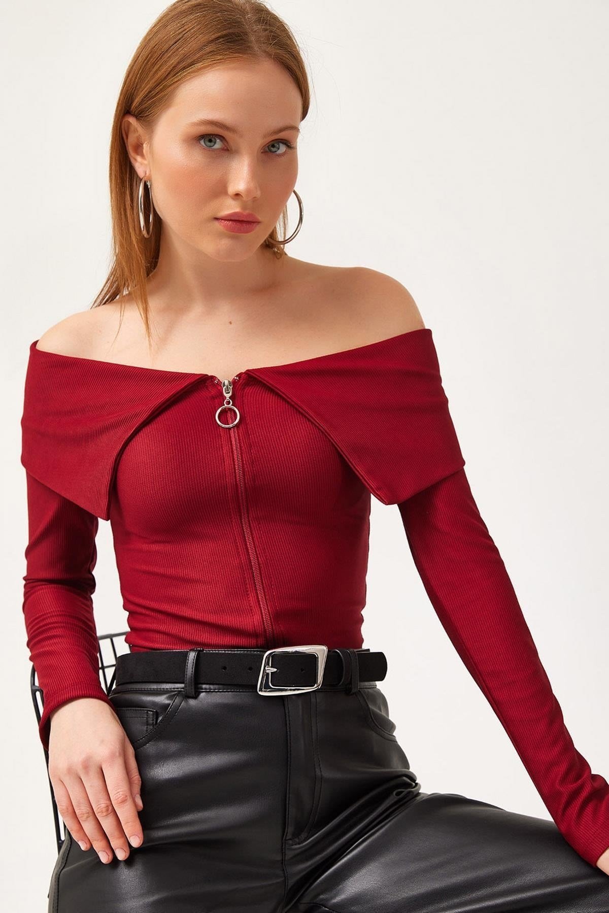Bordo Fermuarlı Dökümlü Triko Bluz