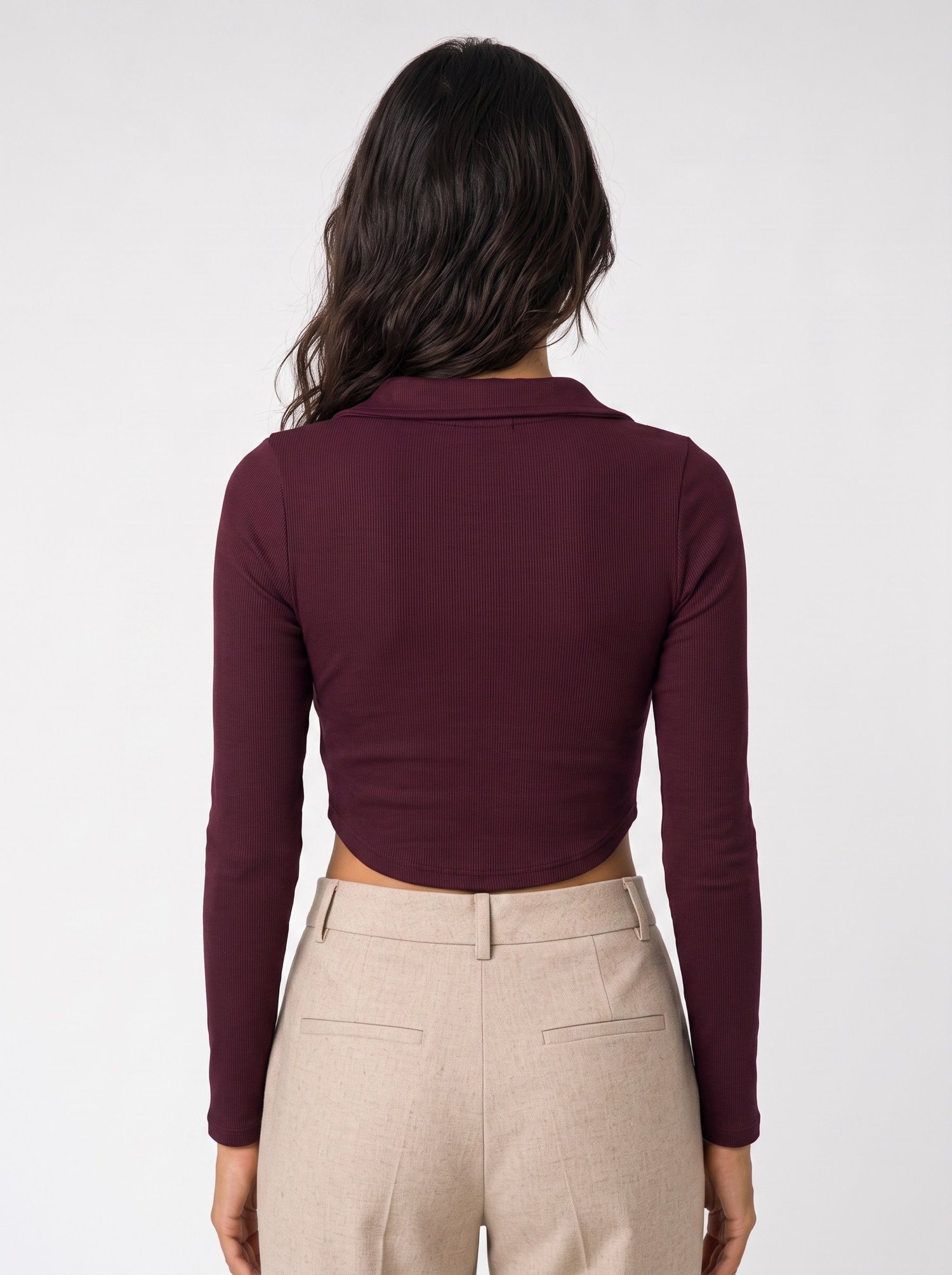 Bordo Fermuarlı Fitilli Crop Bluz