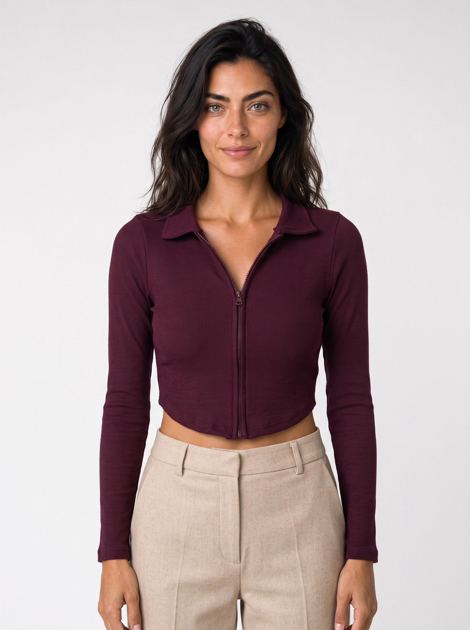 Bordo Fermuarlı Fitilli Crop Bluz