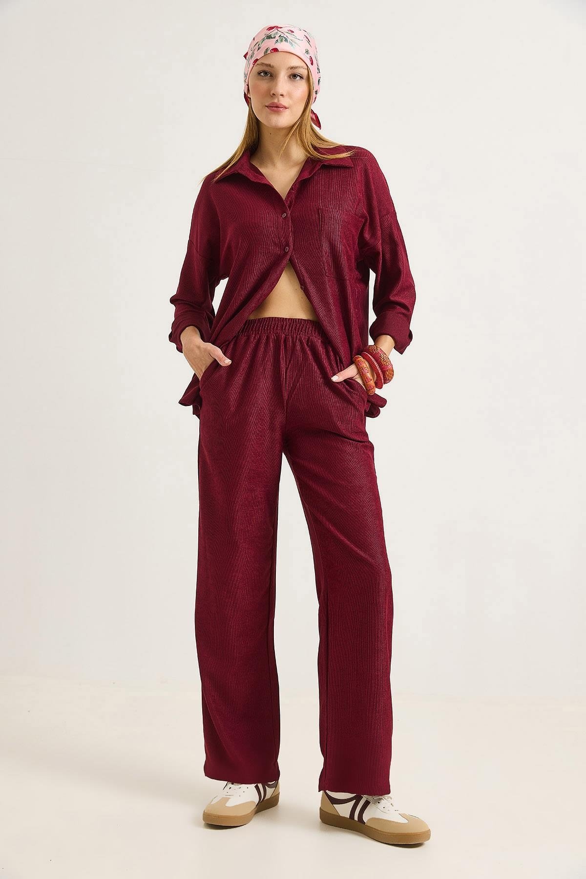 Bordo Fitilli Örme Takım