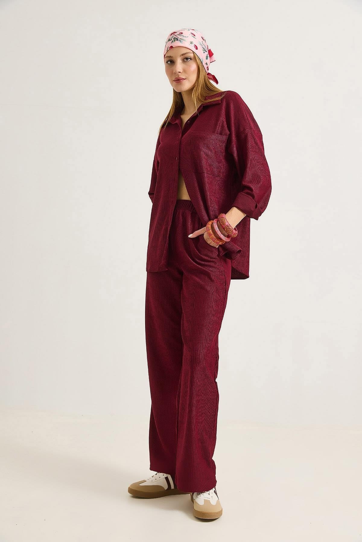 Bordo Fitilli Örme Takım