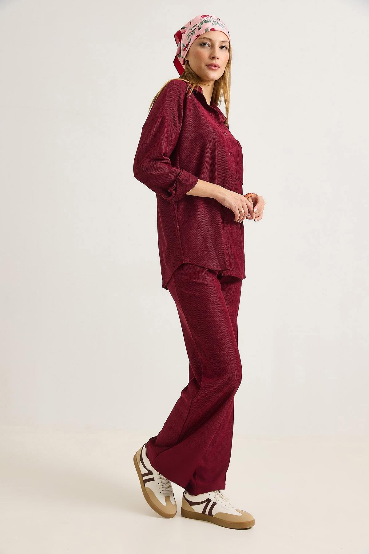 Bordo Fitilli Örme Takım