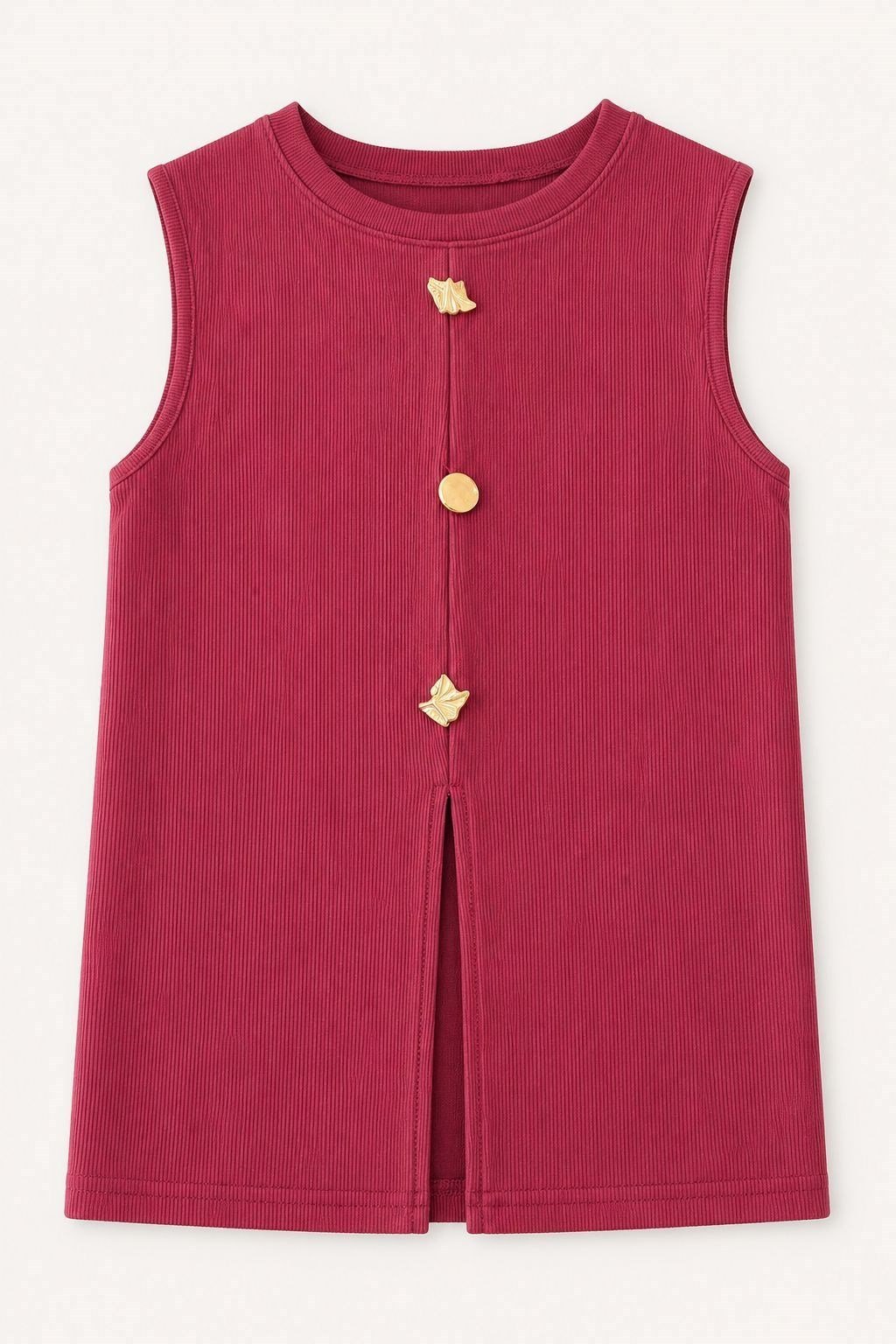 Bordo Gold Düğmeli Fitilli Yelek