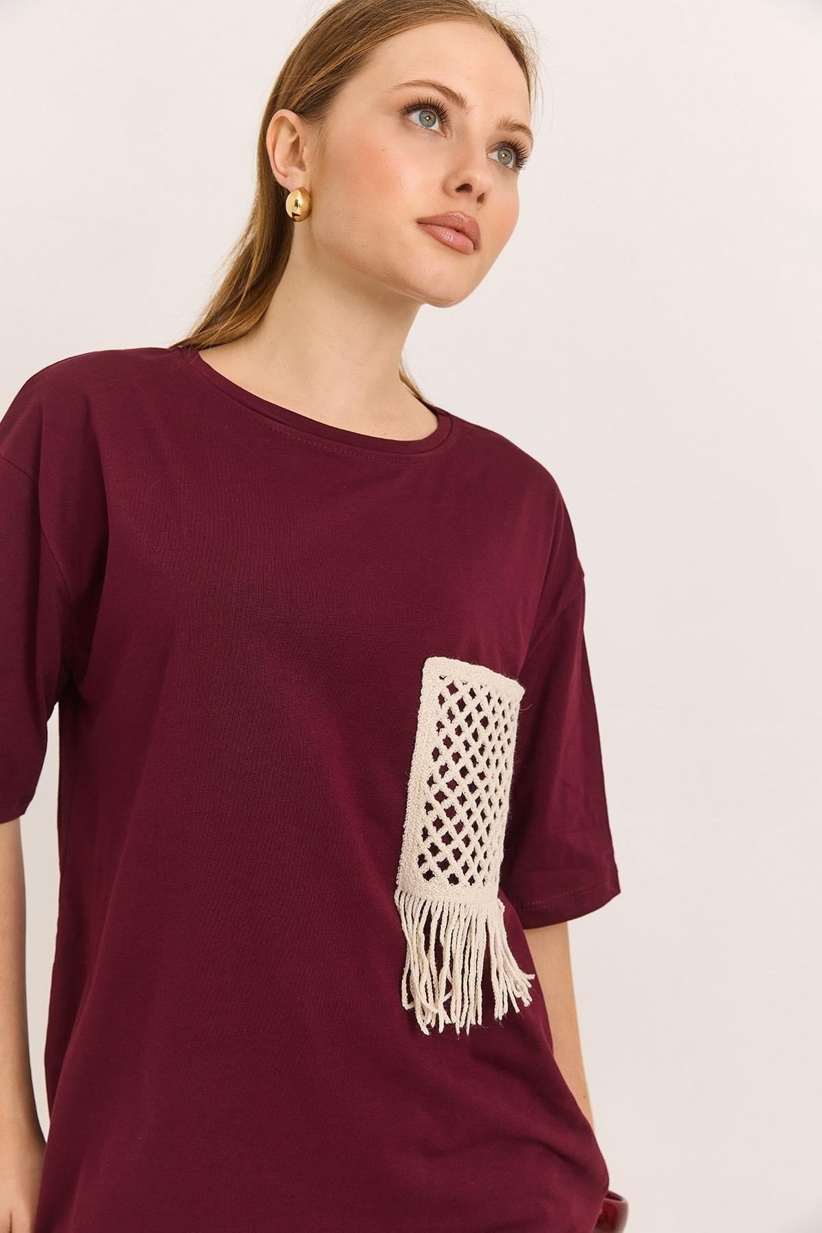 Bordo Hasır Cepli Tişört