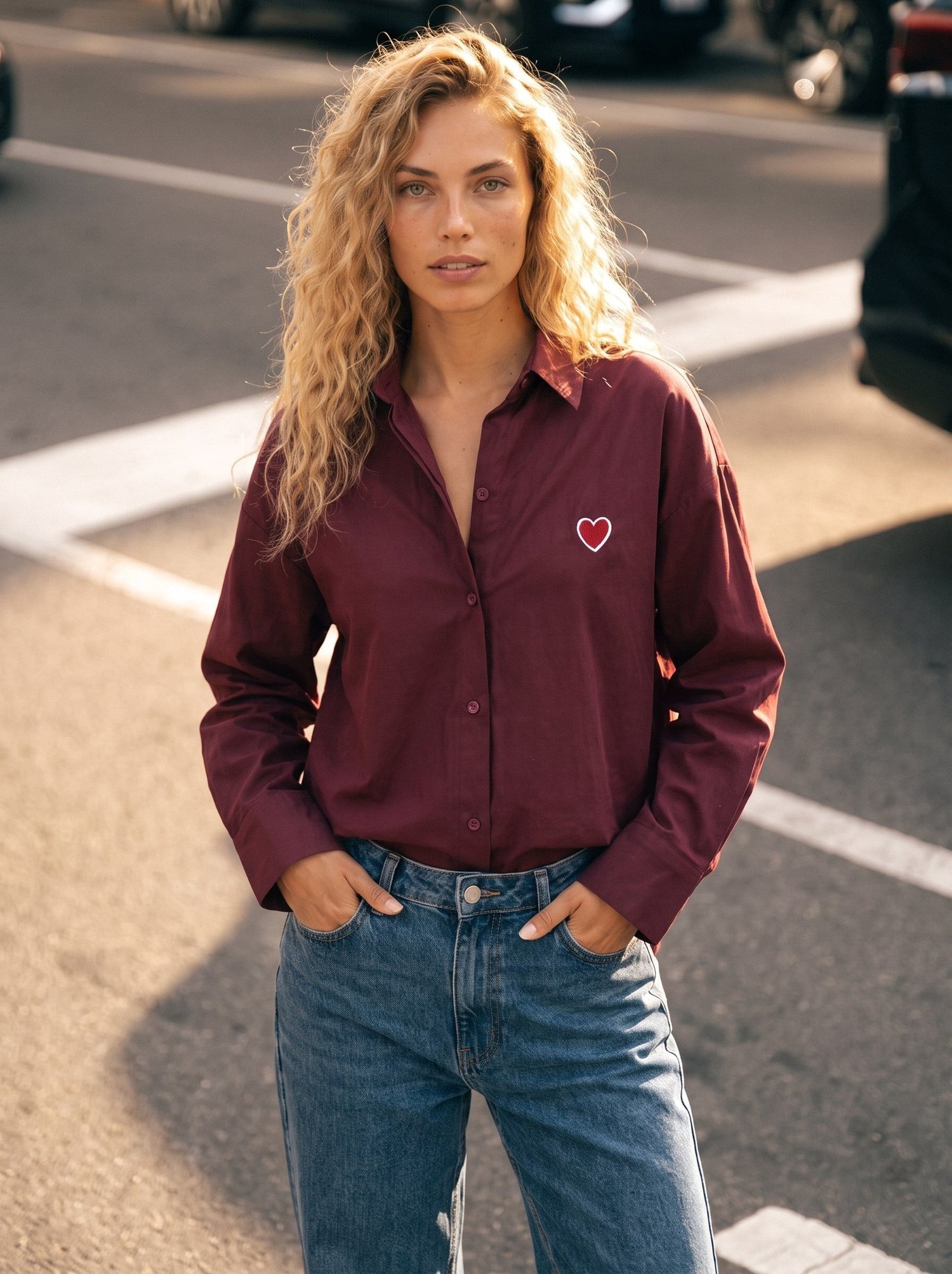 Bordo Kalp Nakışlı Oversize Gömlek