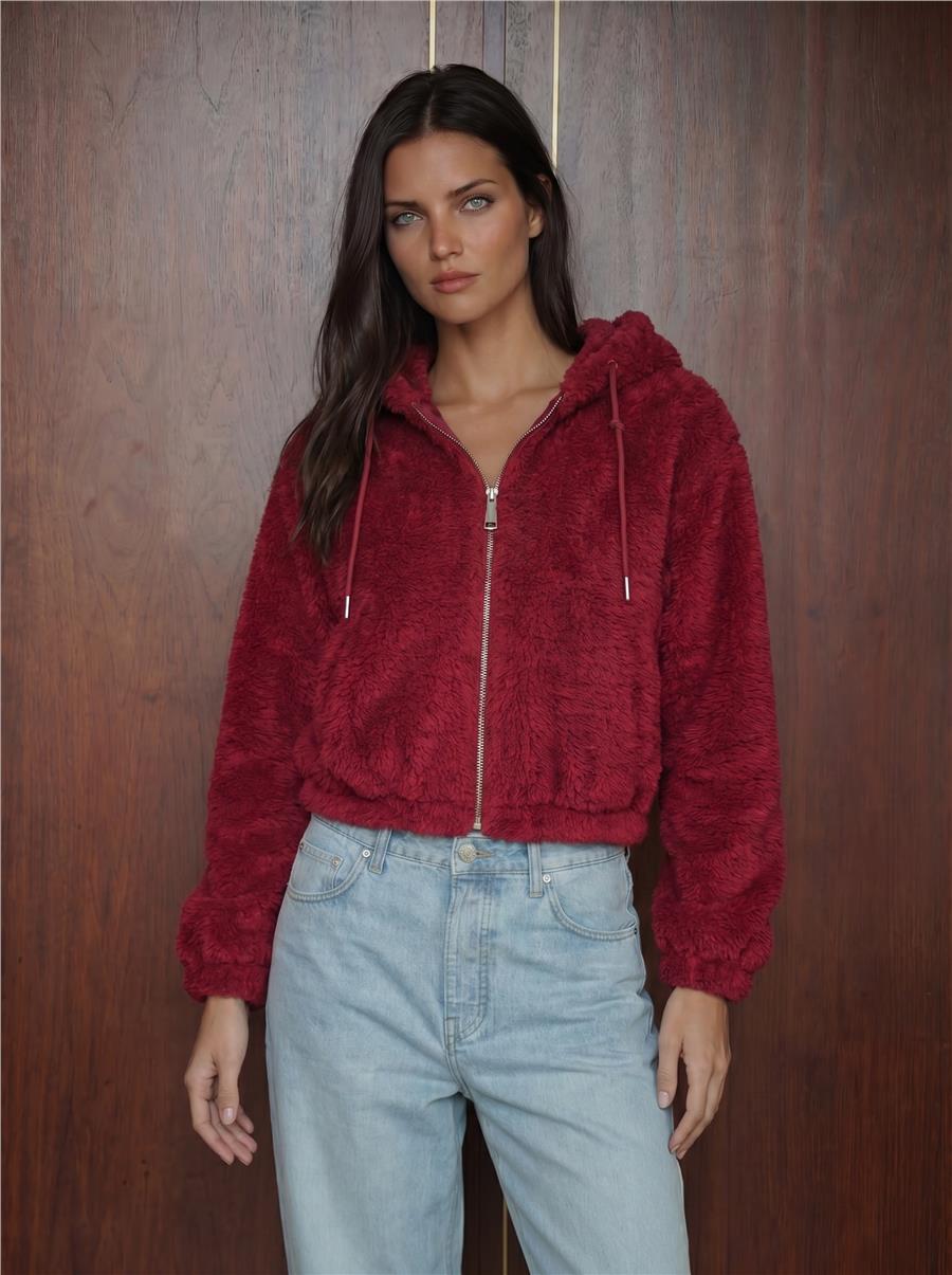 5193 Kapüşonlu Peluş Crop Ceket - Bordo